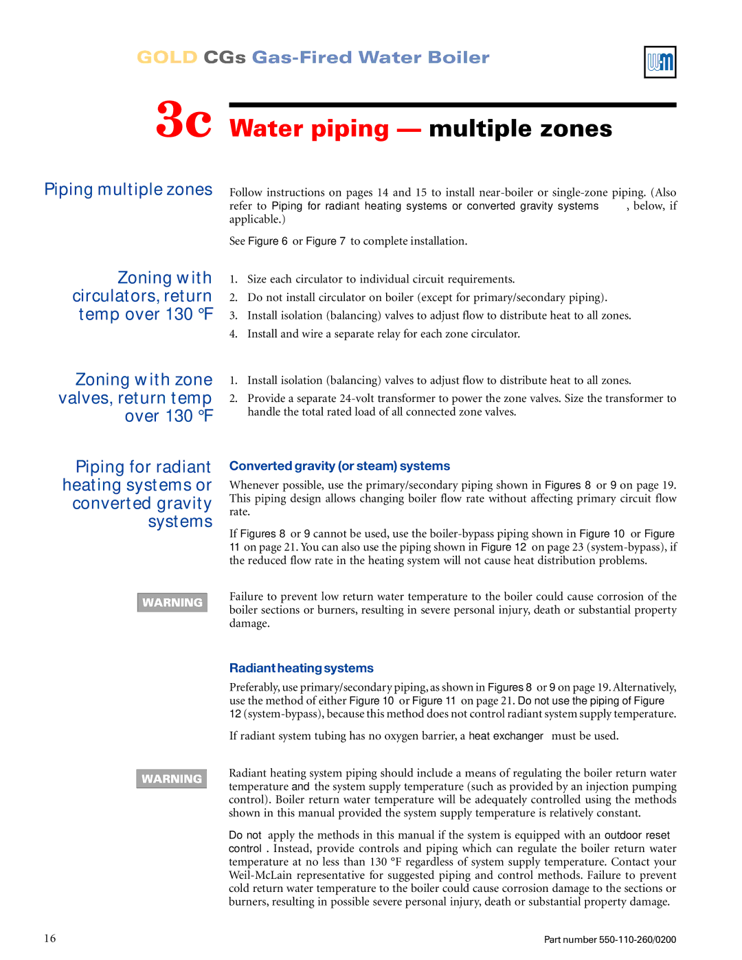 Weil-McLain 550-110-260/02002 manual 3c Water piping multiple zones, Converted gravity or steam systems 