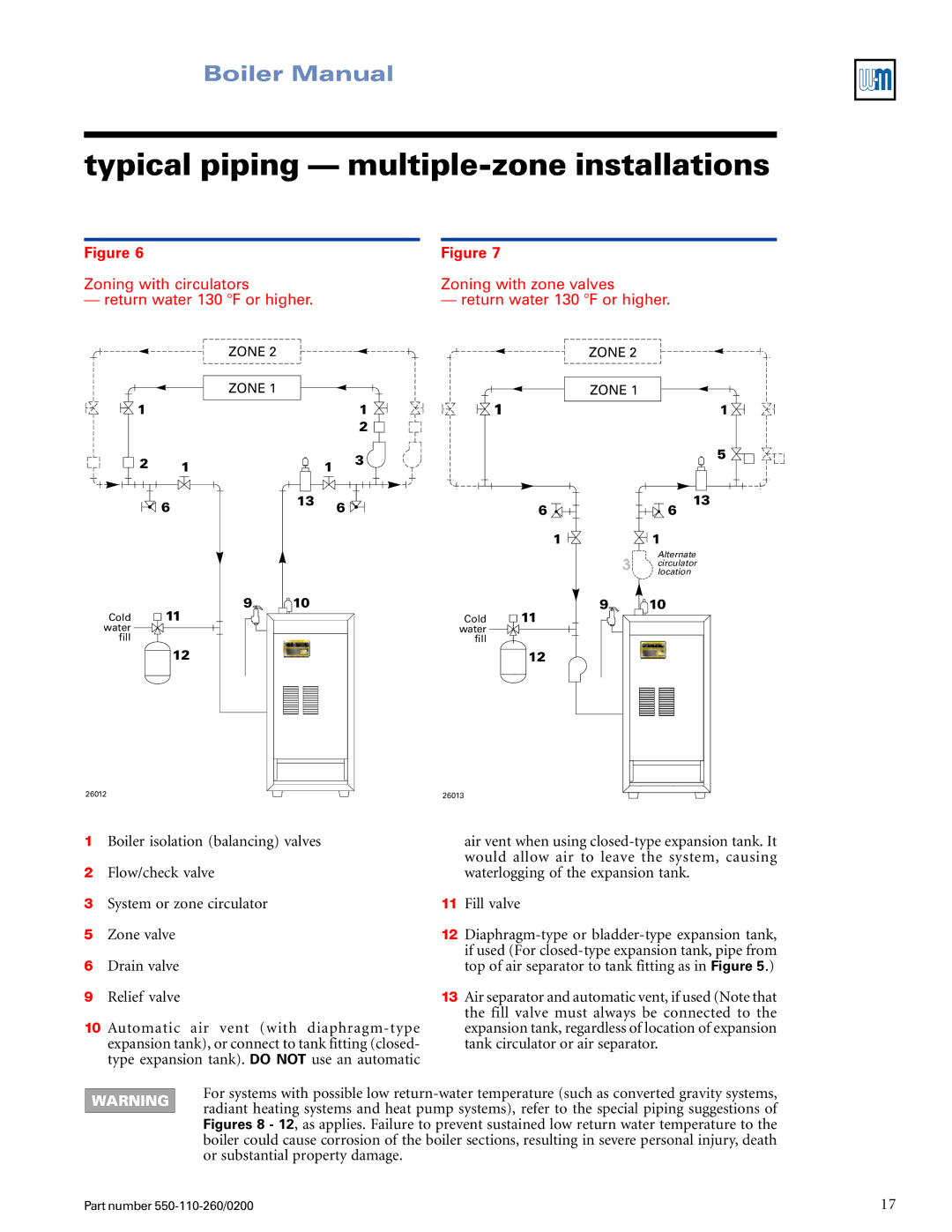 Weil-McLain 550-110-260/02002 manual Typical piping multiple-zone installations 