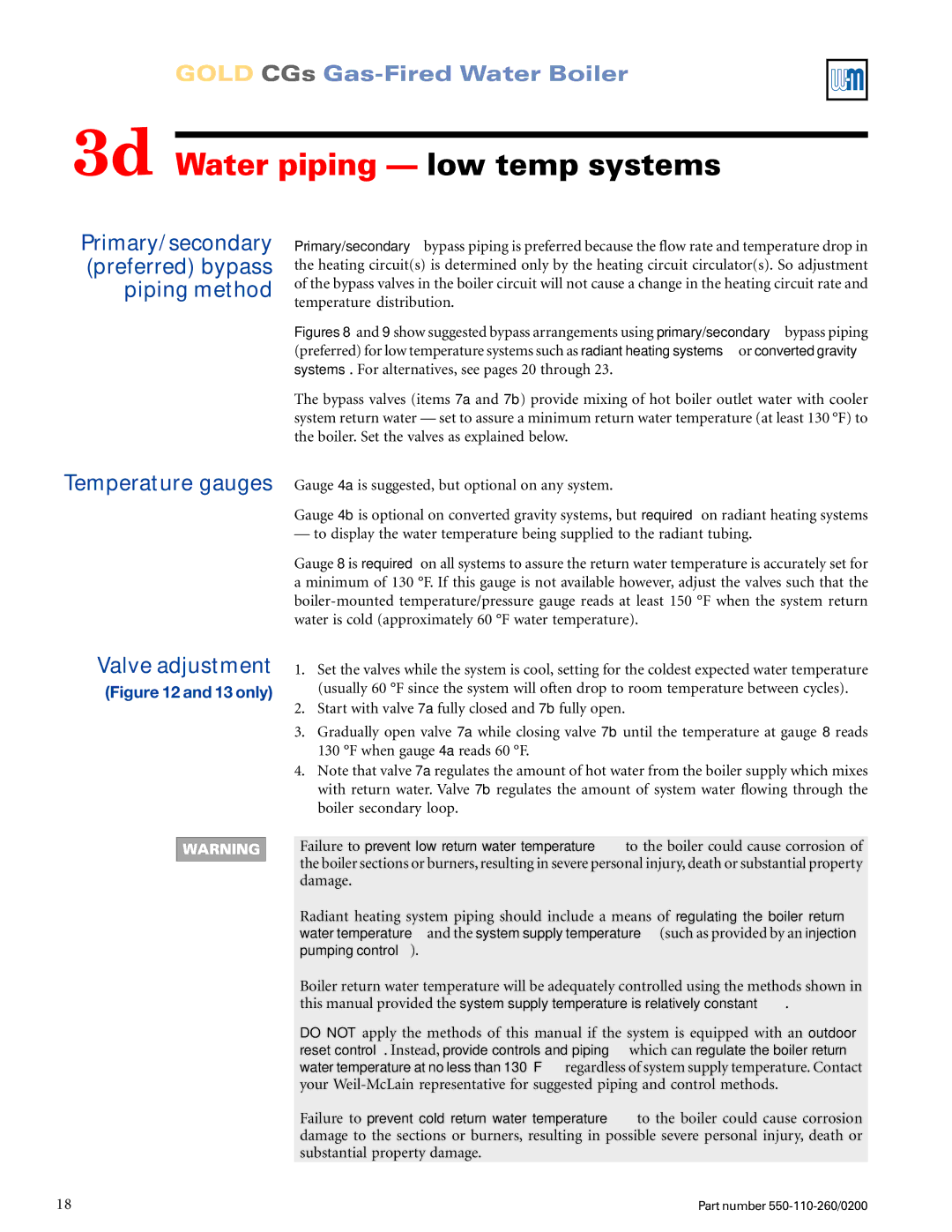 Weil-McLain 550-110-260/02002 manual 3d Water piping low temp systems, Temperature gauges Valve adjustment 