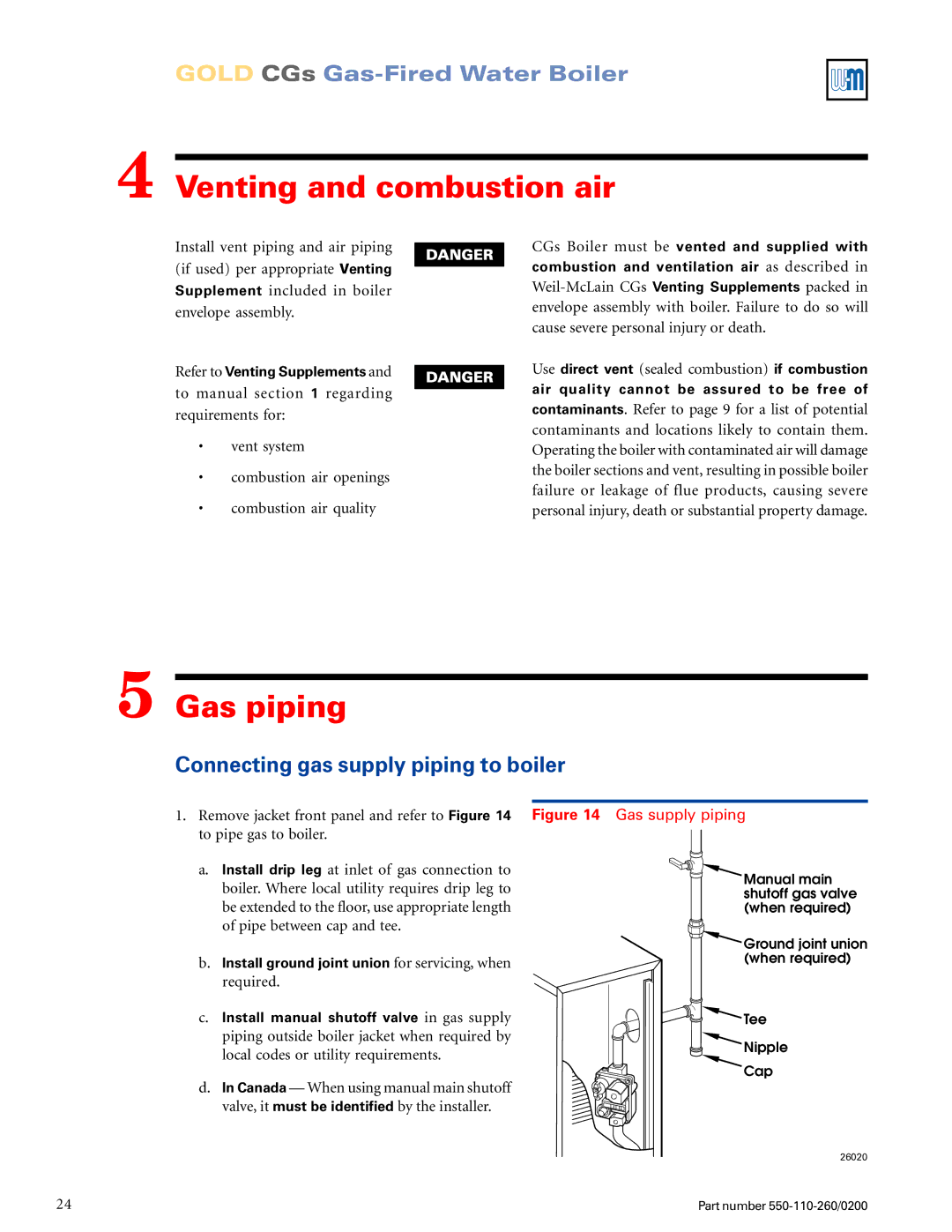 Weil-McLain 550-110-260/02002 manual Venting and combustion air, Gas piping, Connecting gas supply piping to boiler 