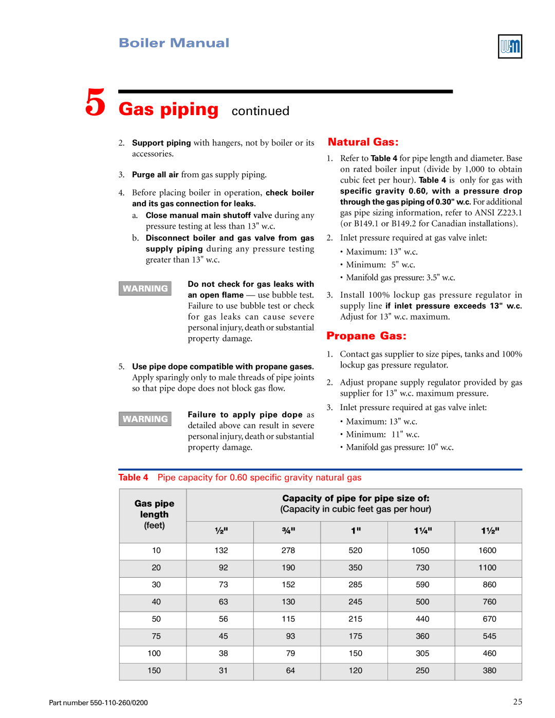 Weil-McLain 550-110-260/02002 manual Natural Gas, Length 