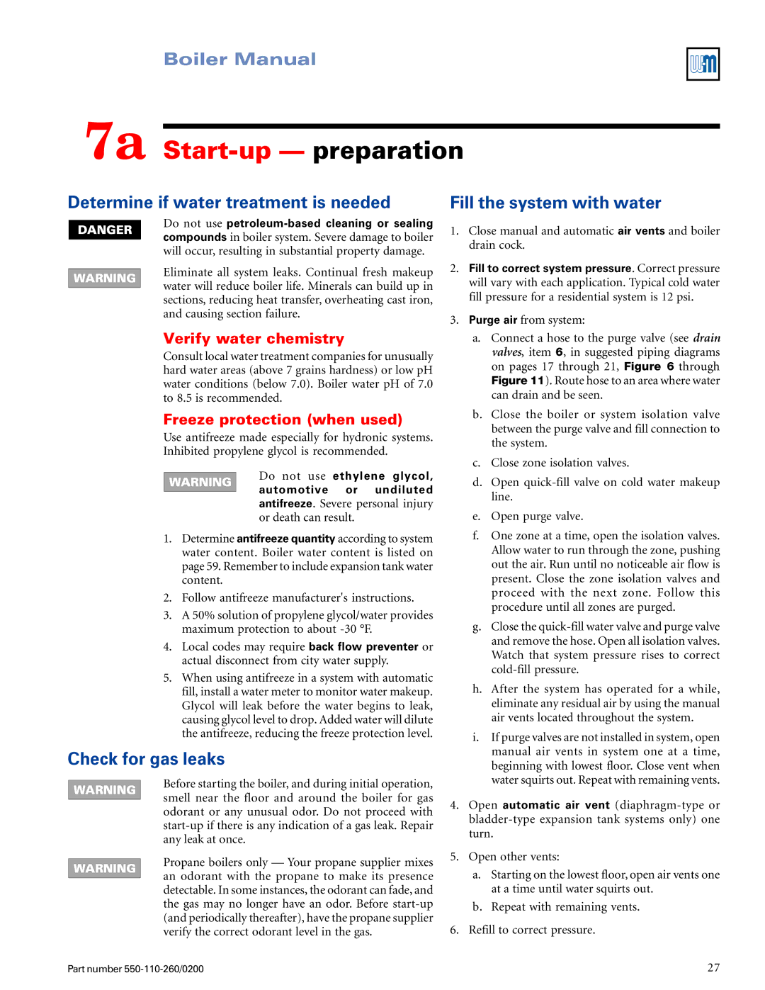 Weil-McLain 550-110-260/02002 manual 7a Start-up preparation, Determine if water treatment is needed, Check for gas leaks 