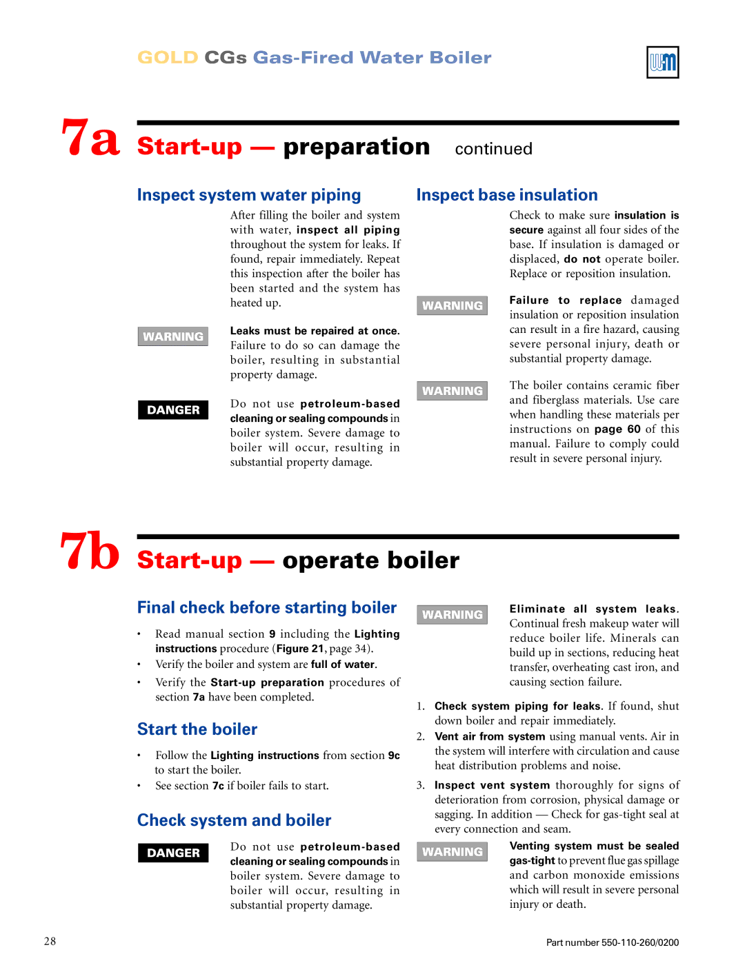 Weil-McLain 550-110-260/02002 manual 7a Start-up preparation, 7b Start-up operate boiler 