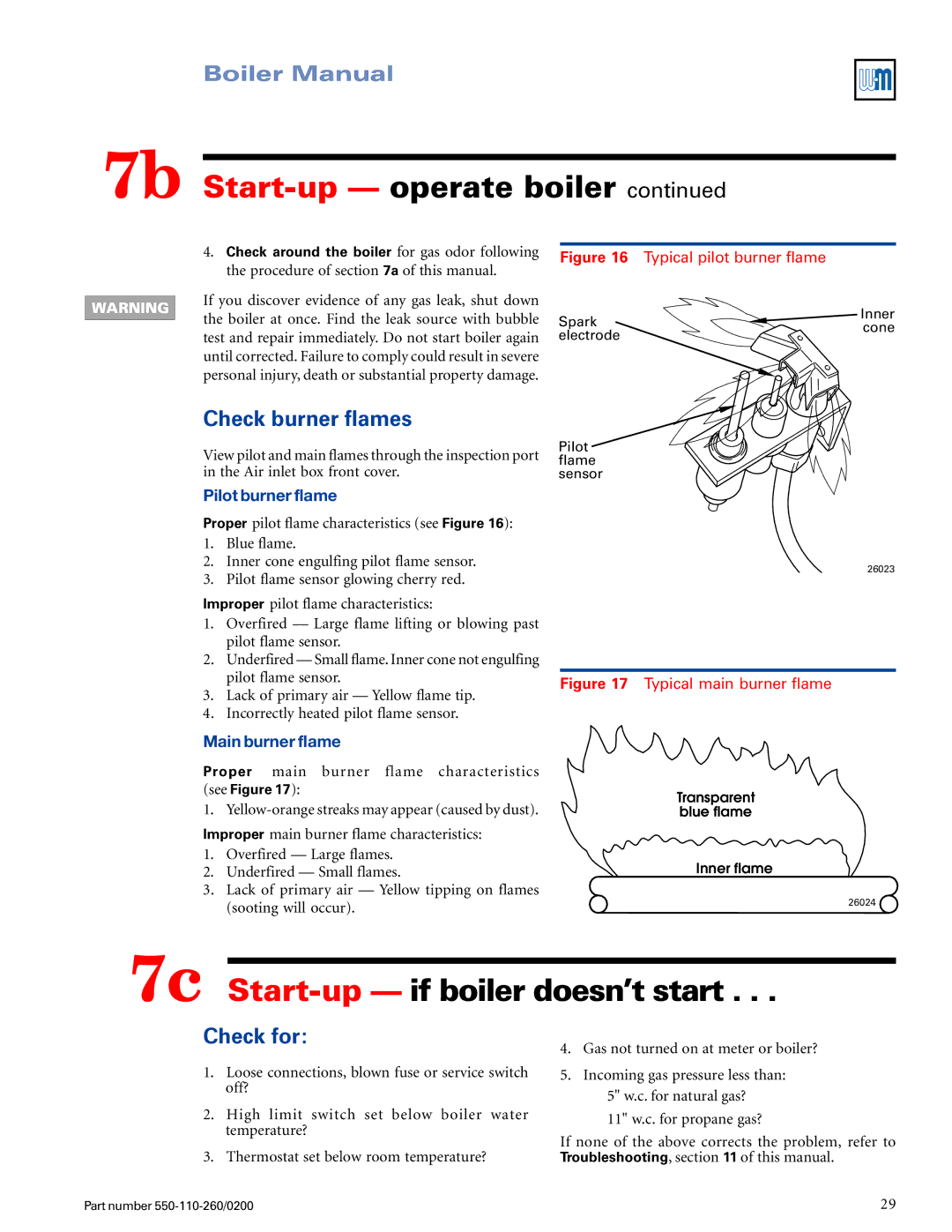 Weil-McLain 550-110-260/02002 manual 7c Start-up if boiler doesn’t start, Check burner flames, Check for 