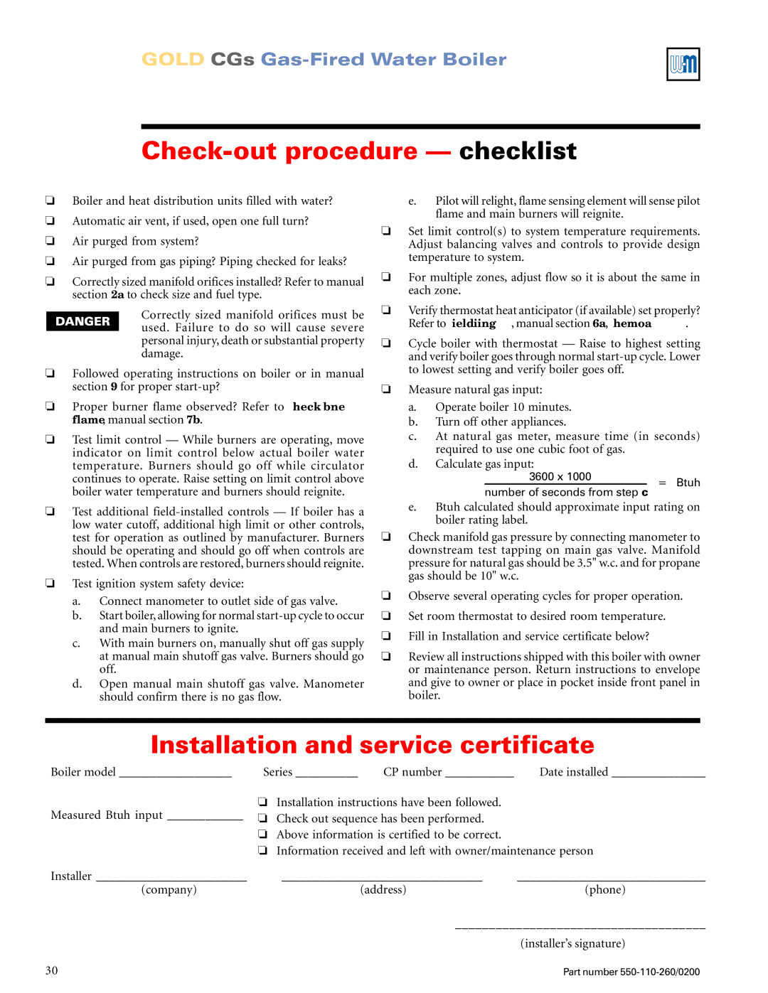 Weil-McLain 550-110-260/02002 manual Check-out procedure checklist, Installation and service certificate 