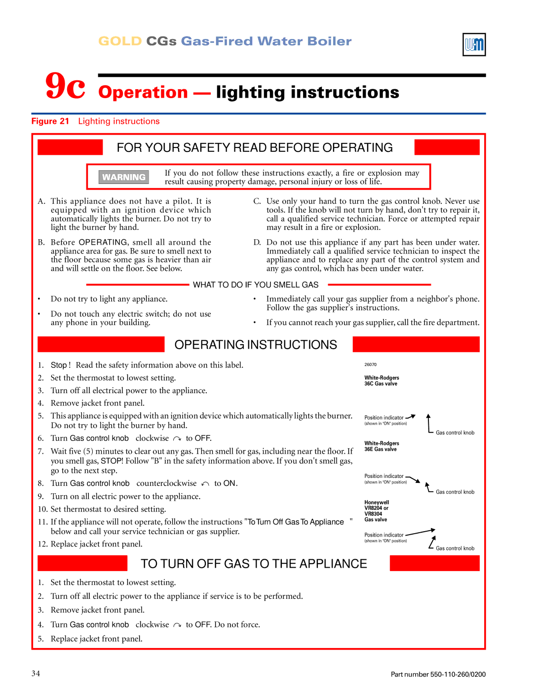 Weil-McLain 550-110-260/02002 manual 9c Operation lighting instructions, For Your Safety Read Before Operating 