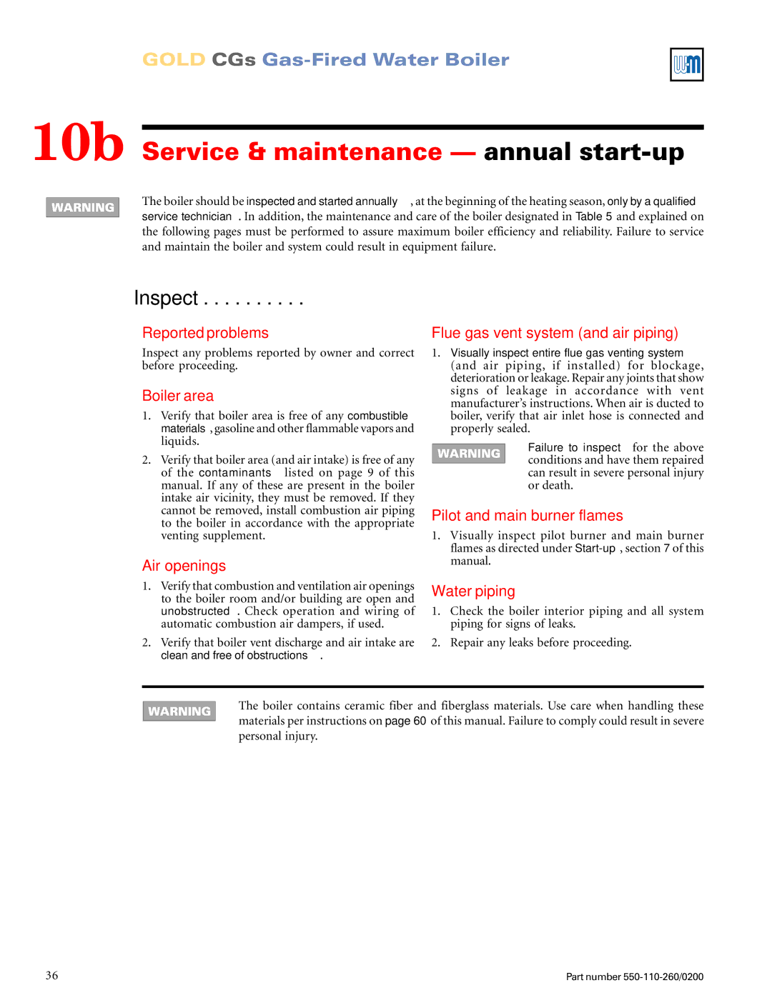 Weil-McLain 550-110-260/02002 manual 10b Service & maintenance annual start-up 