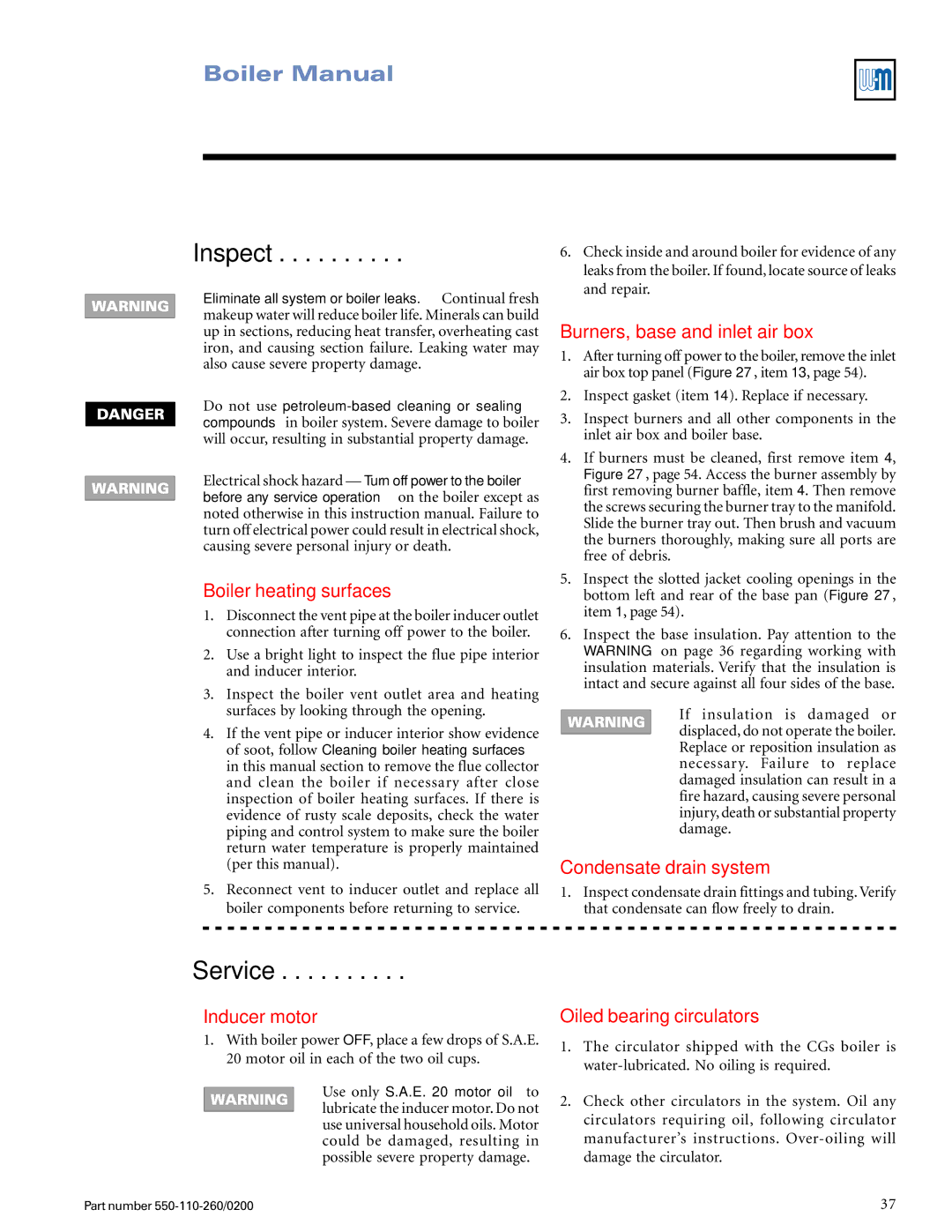 Weil-McLain 550-110-260/02002 manual Burners, base and inlet air box, Boiler heating surfaces, Condensate drain system 