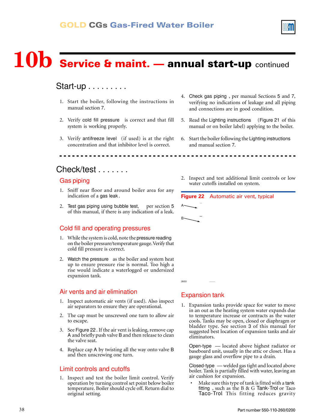 Weil-McLain 550-110-260/02002 manual 10b Service & maint. annual start-up 