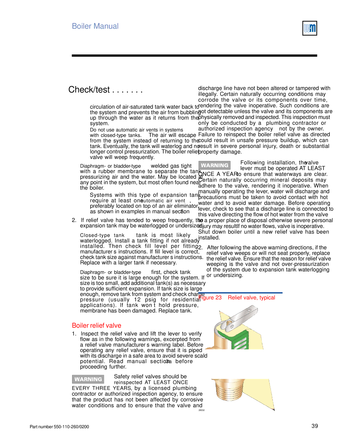 Weil-McLain 550-110-260/02002 manual Boiler relief valve, Lever must be operated AT Least 