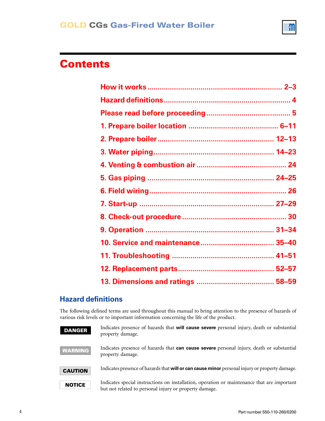 Weil-McLain 550-110-260/02002 manual Contents 