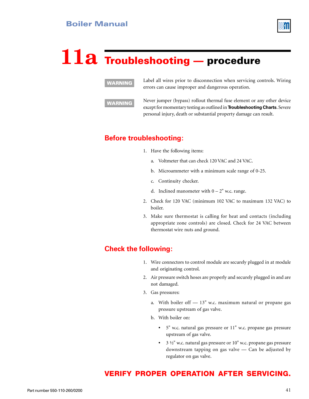 Weil-McLain 550-110-260/02002 manual 11a Troubleshooting procedure, Before troubleshooting 