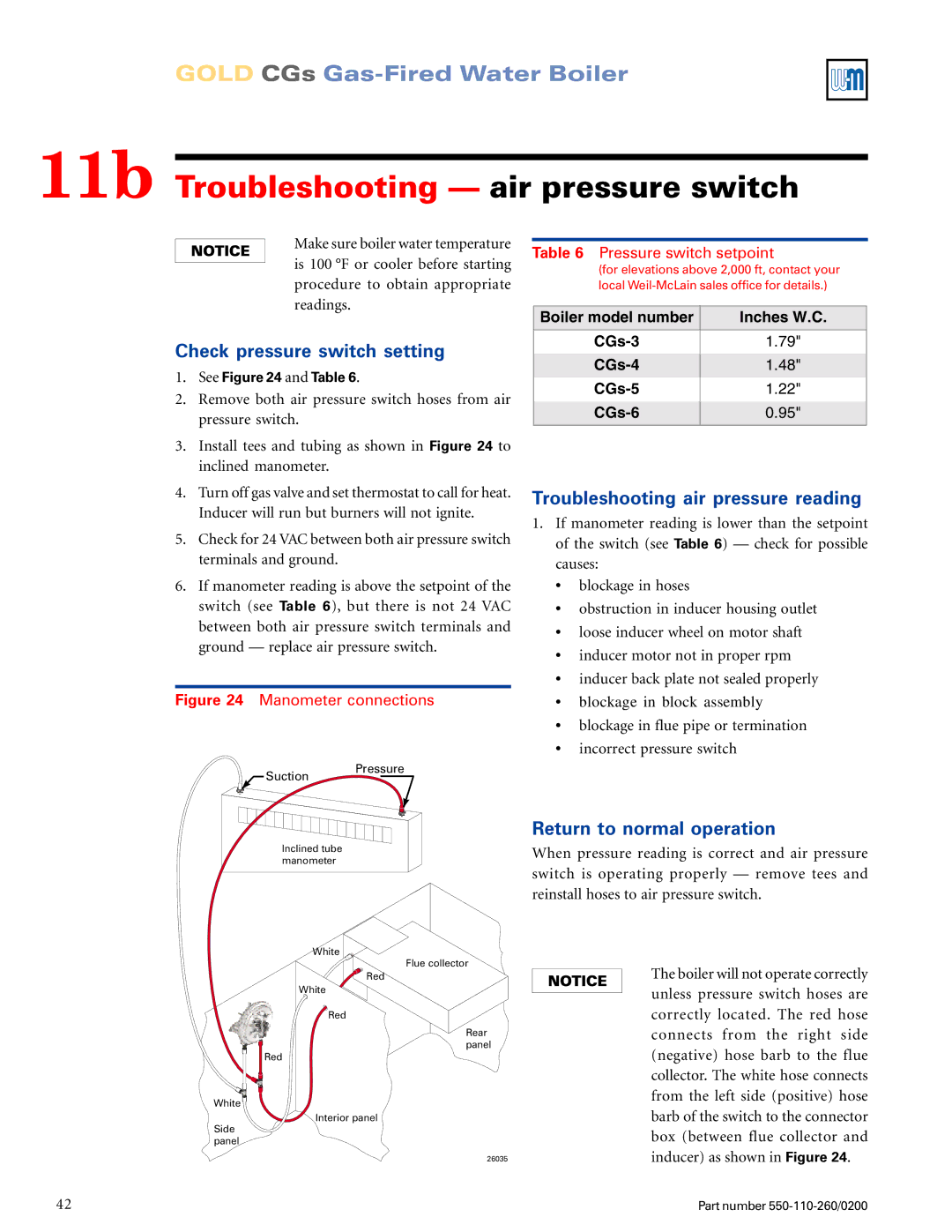 Weil-McLain 550-110-260/02002 manual 11b Troubleshooting air pressure switch, Check pressure switch setting 