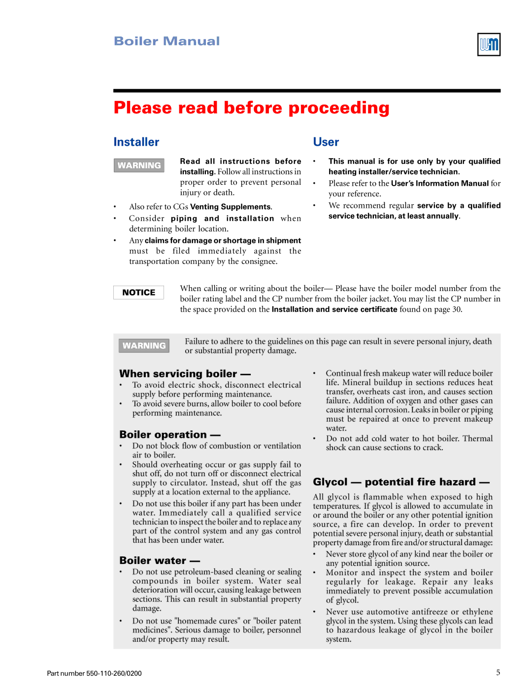 Weil-McLain 550-110-260/02002 manual Please read before proceeding, Installer, User 