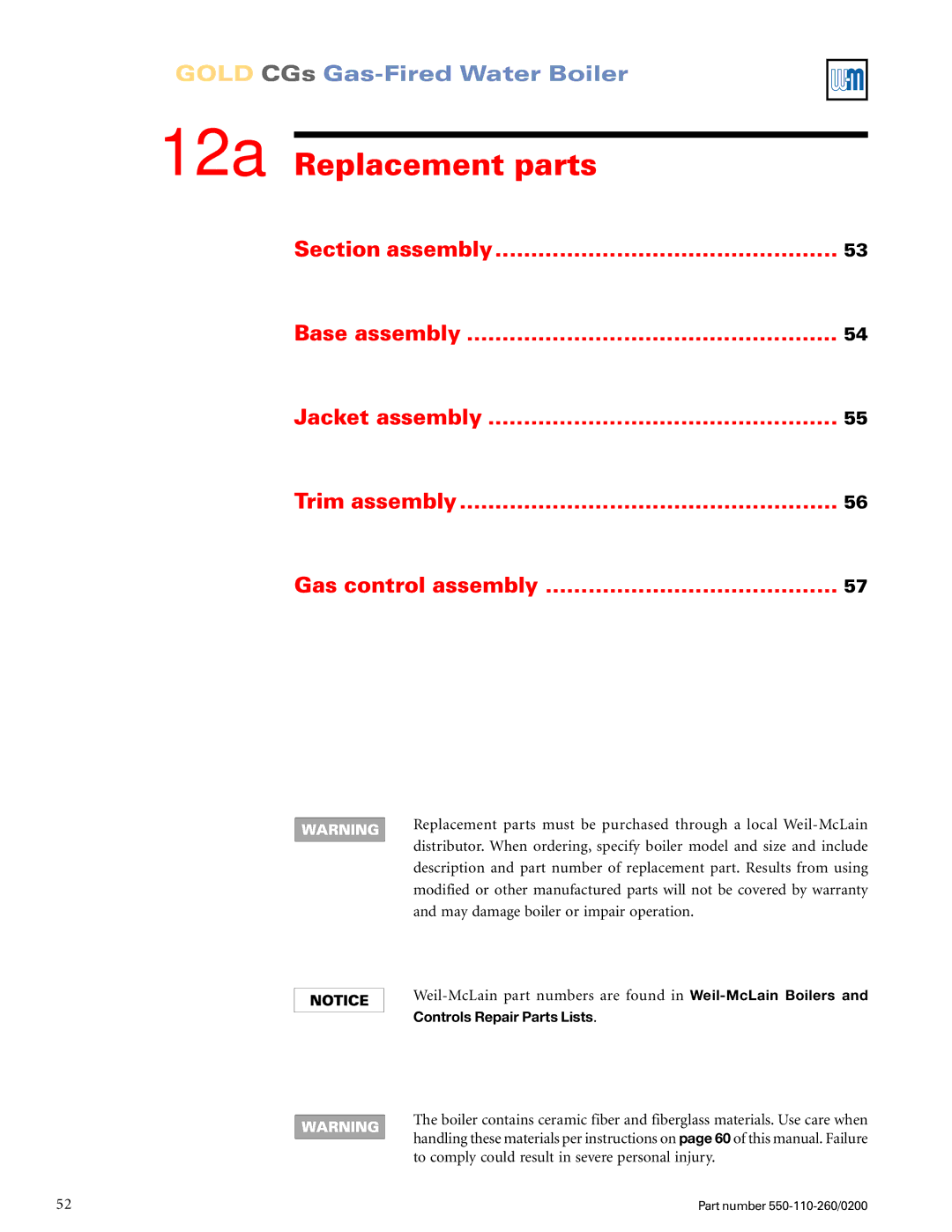 Weil-McLain 550-110-260/02002 manual 12a Replacement parts 