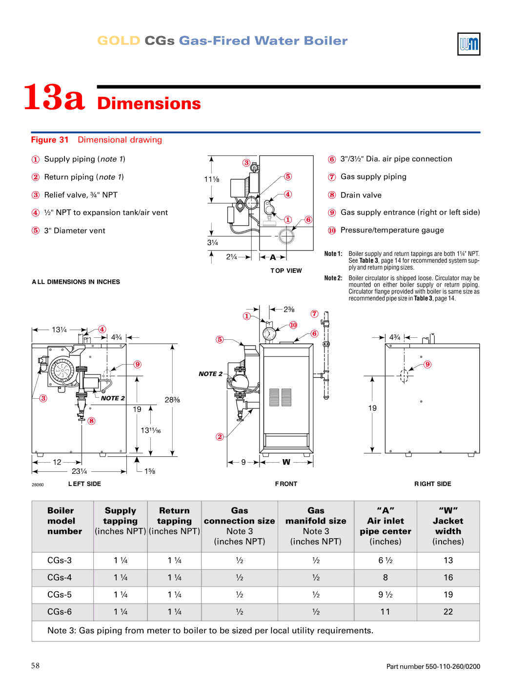 Weil-McLain 550-110-260/02002 manual 13a Dimensions, Dimensional drawing 