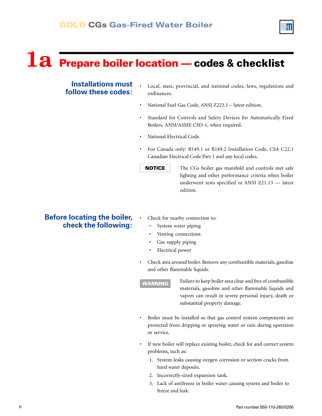 Weil-McLain 550-110-260/02002 manual 1a Prepare boiler location codes & checklist 