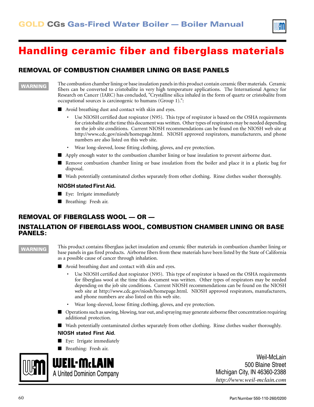 Weil-McLain 550-110-260/02002 manual Handling ceramic fiber and fiberglass materials 