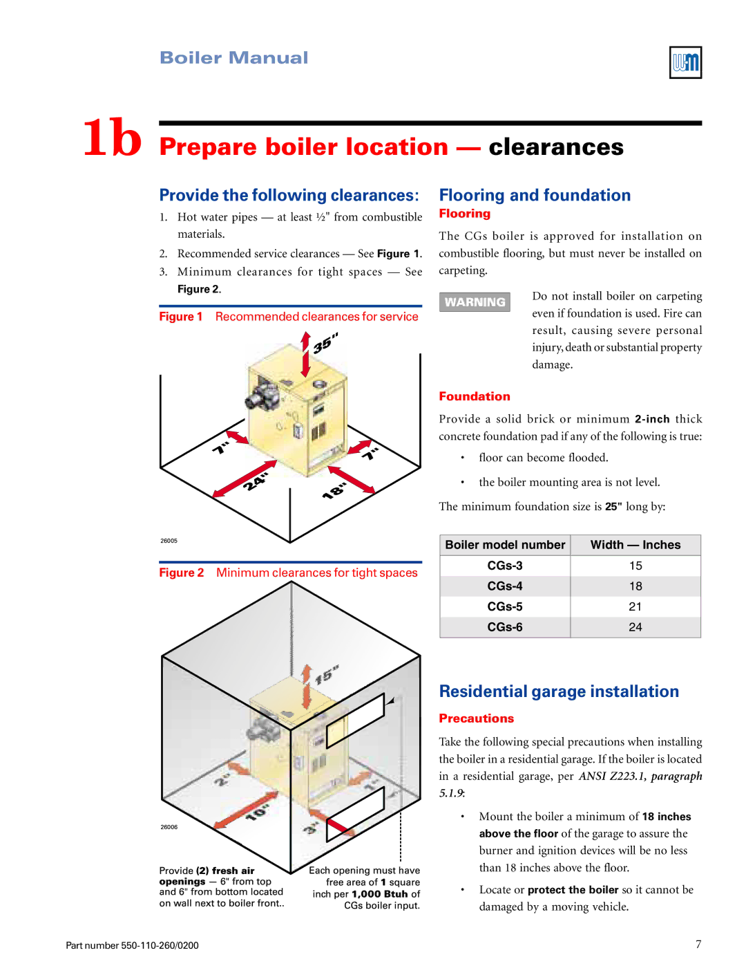 Weil-McLain 550-110-260/02002 manual 1b Prepare boiler location clearances, Flooring and foundation 