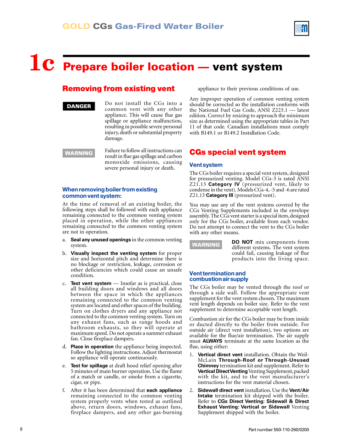 Weil-McLain 550-110-260/02002 manual 1c Prepare boiler location vent system, Removing from existing vent 