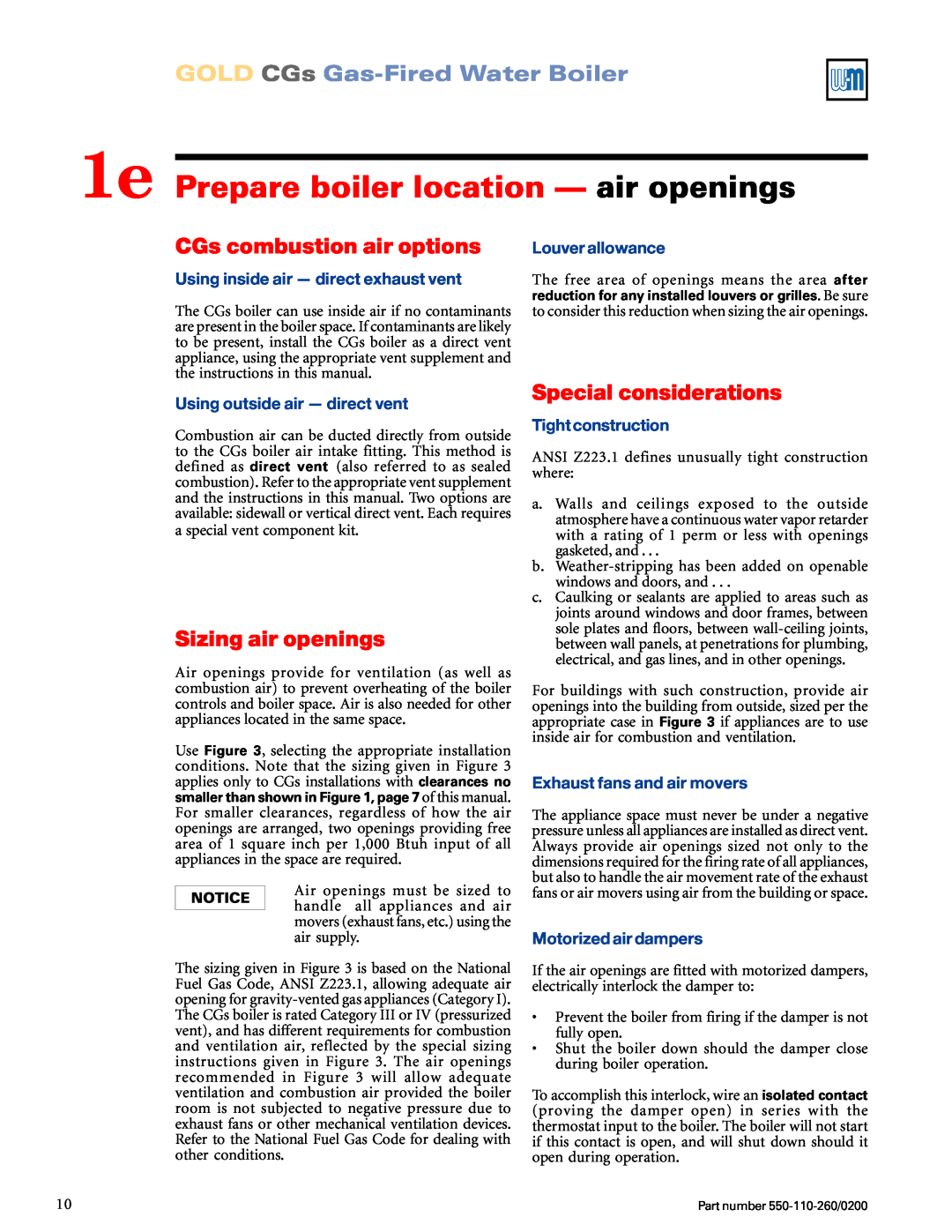 Weil-McLain 550-110-260/02002 1e Prepare boiler location — air openings, CGs combustion air options, Sizing air openings 