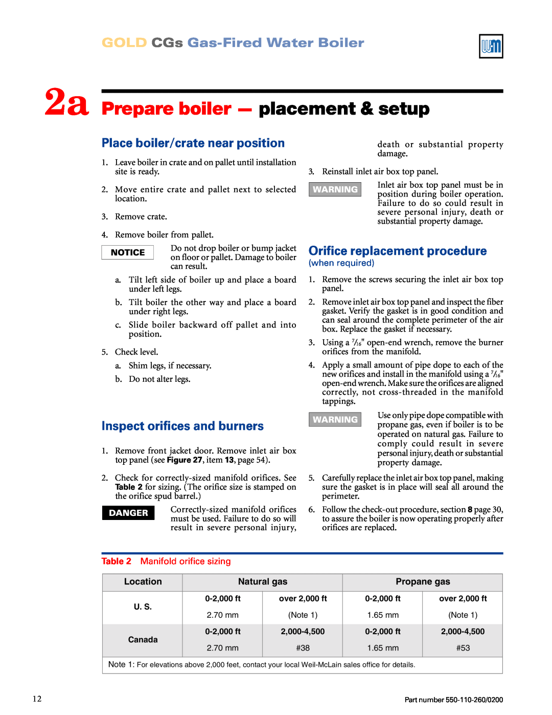 Weil-McLain 550-110-260/02002 manual 2a Prepare boiler — placement & setup, Place boiler/crate near position, when required 
