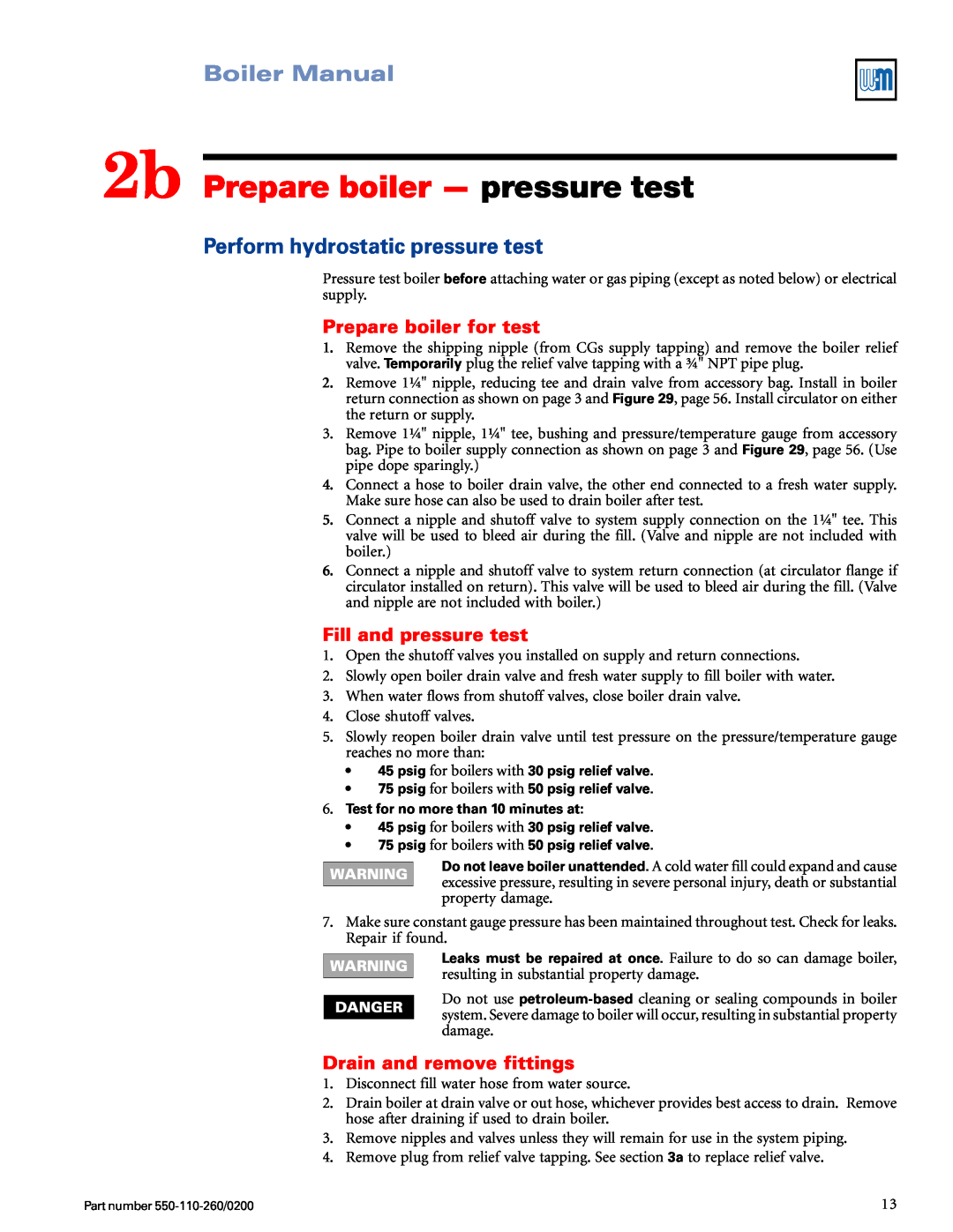 Weil-McLain 550-110-260/02002 manual 2b Prepare boiler — pressure test, Perform hydrostatic pressure test, Boiler Manual 