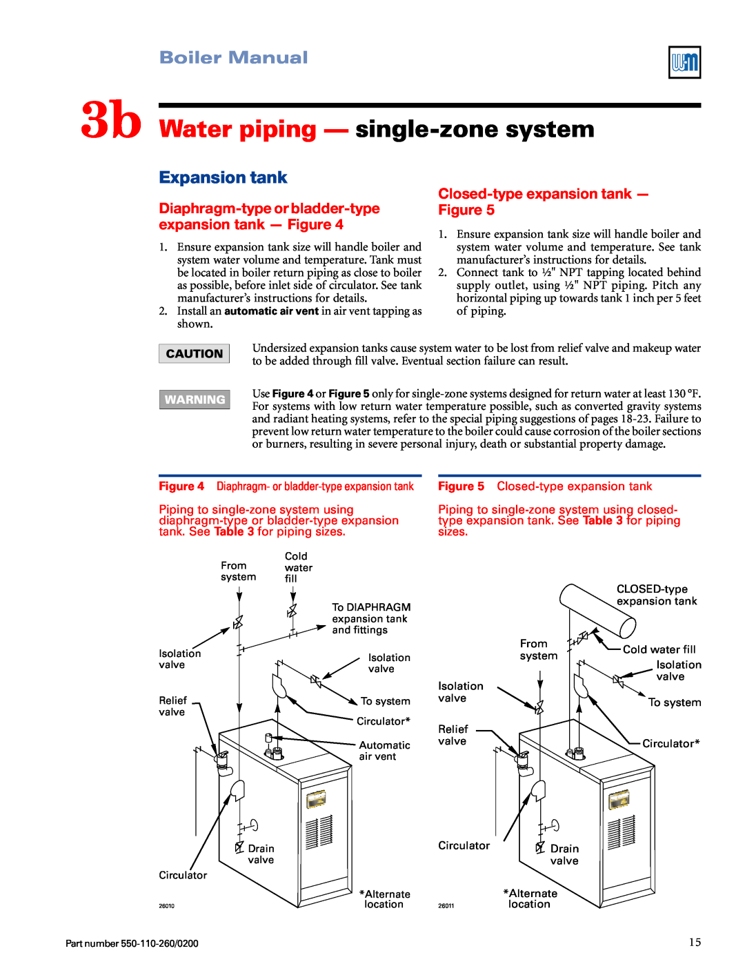 Weil-McLain 550-110-260/02002 manual 3b Water piping — single-zonesystem, Expansion tank, Boiler Manual 