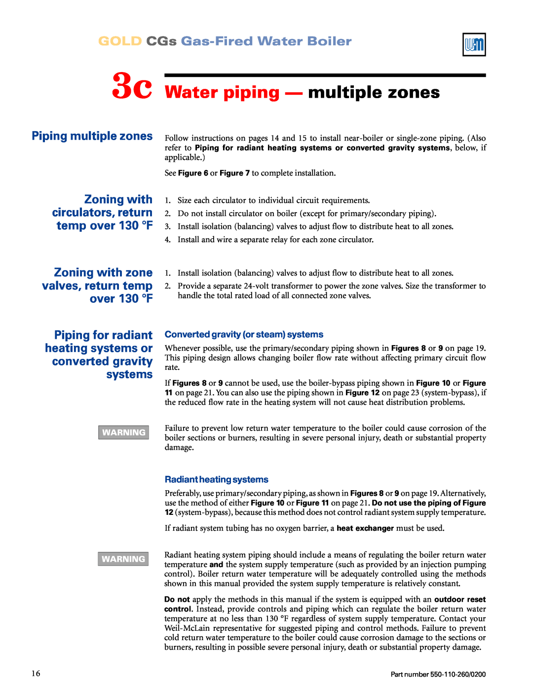 Weil-McLain 550-110-260/02002 manual 3c Water piping — multiple zones, Zoning with zone valves, return temp over 130 F 