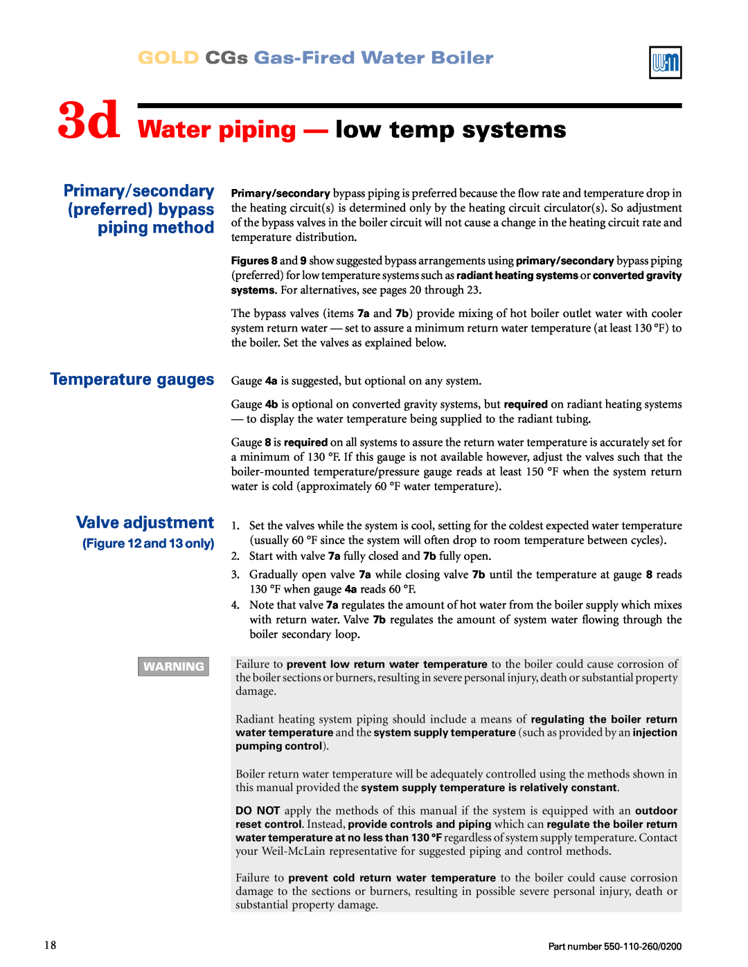 Weil-McLain 550-110-260/02002 manual 3d Water piping — low temp systems, Temperature gauges Valve adjustment, and 13 only 