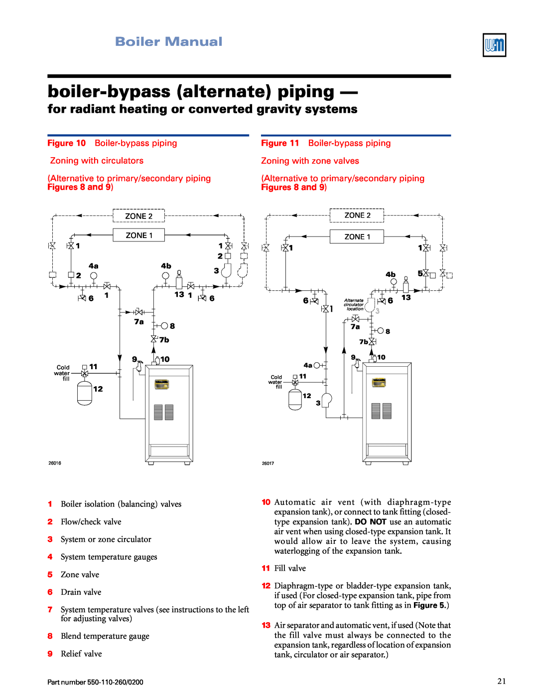 Weil-McLain 550-110-260/02002 boiler-bypassalternate piping, Boiler Manual, Boiler-bypasspiping, Zoning with circulators 