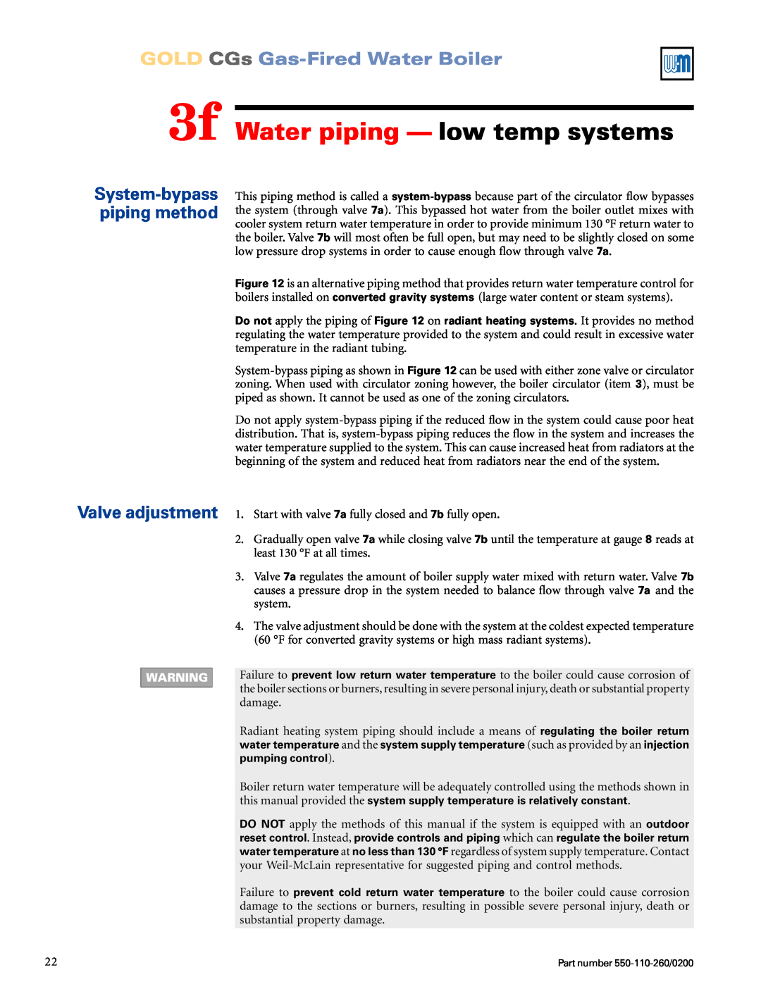 Weil-McLain 550-110-260/02002 manual 3f Water piping - low temp systems, Valve adjustment, GOLD CGs Gas-FiredWater Boiler 