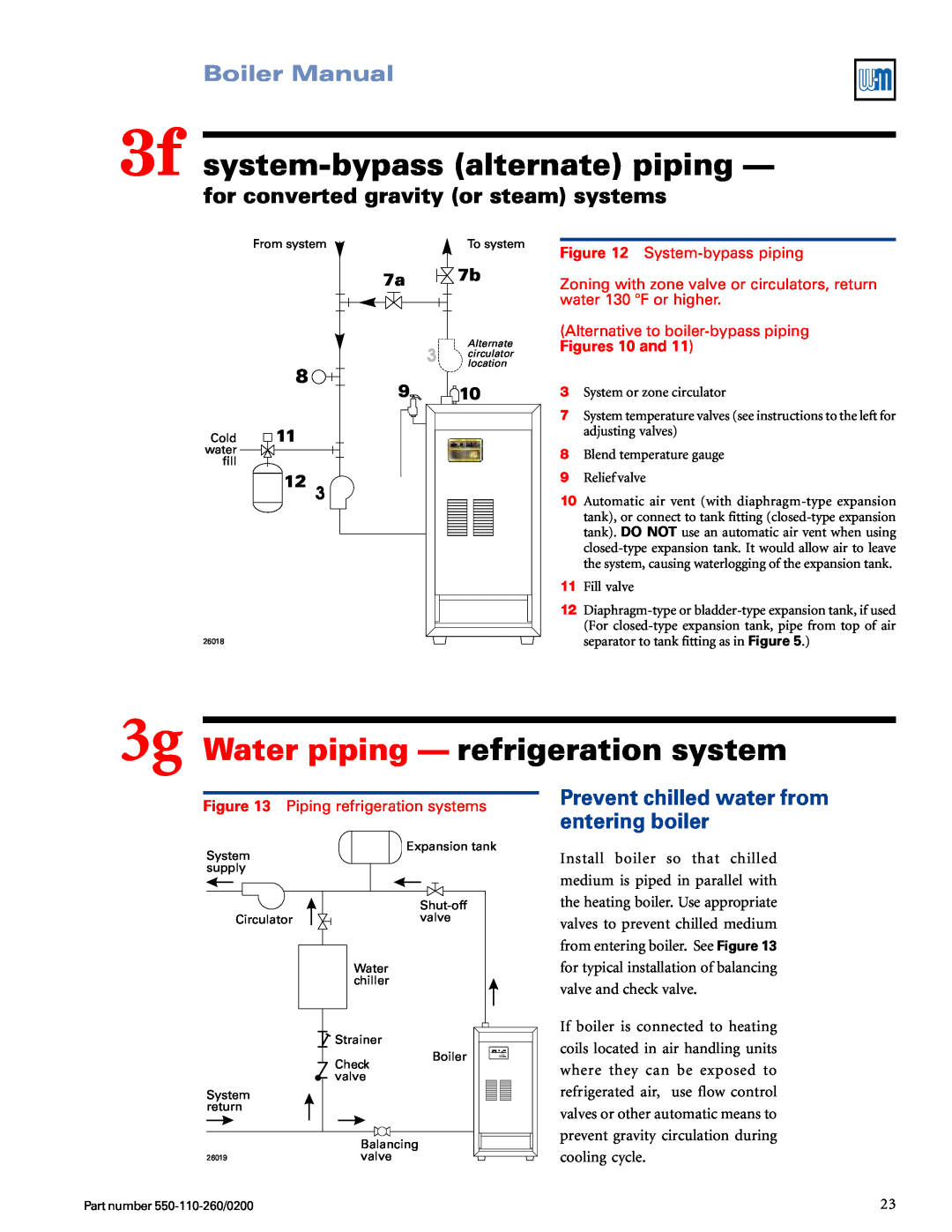 Weil-McLain 550-110-260/02002 3f system-bypassalternate piping, 3g Water piping — refrigeration system, Boiler Manual 