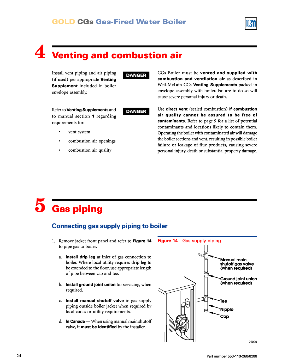 Weil-McLain 550-110-260/02002 manual 4Venting and combustion air, 5Gas piping, Connecting gas supply piping to boiler 