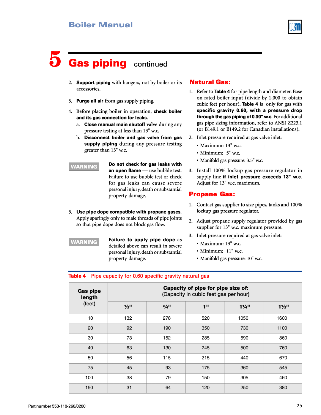 Weil-McLain 550-110-260/02002 manual Gas piping continued, Boiler Manual, Natural Gas 