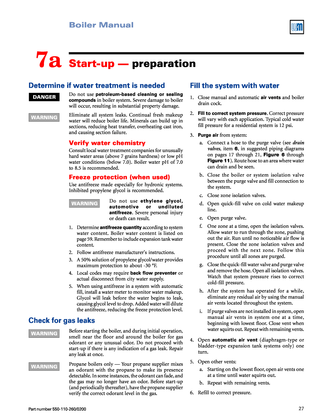 Weil-McLain 550-110-260/02002 manual 7a Start-up— preparation, Determine if water treatment is needed, Check for gas leaks 