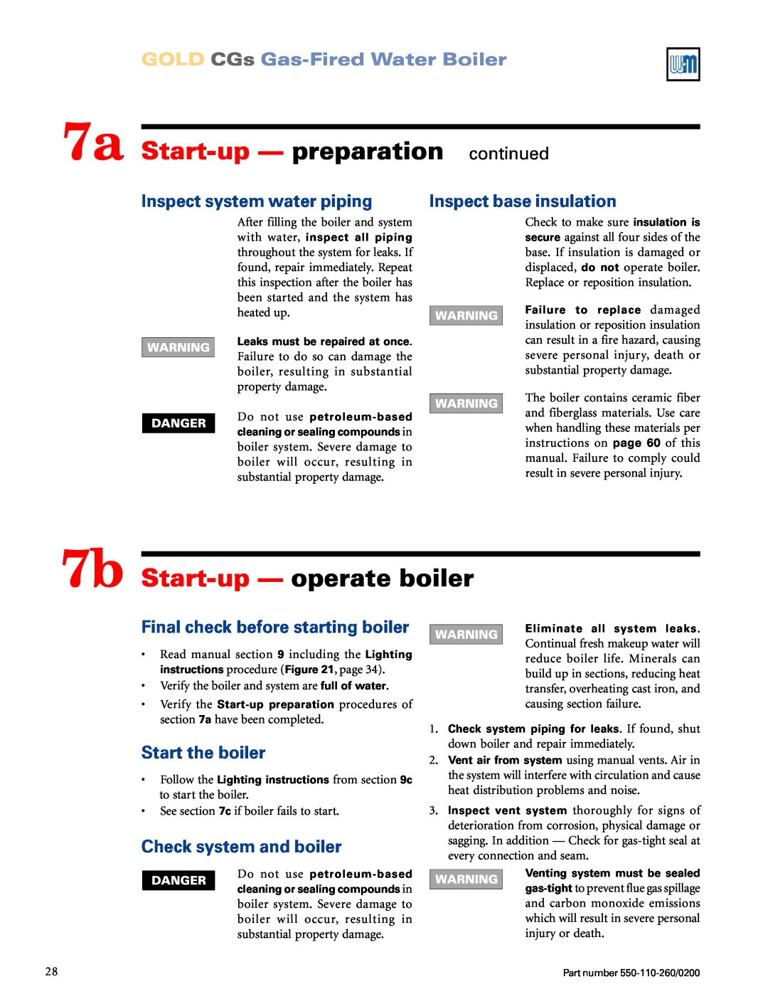 Weil-McLain 550-110-260/02002 7a Start-up— preparation continued, 7b Start-up- operate boiler, Inspect system water piping 