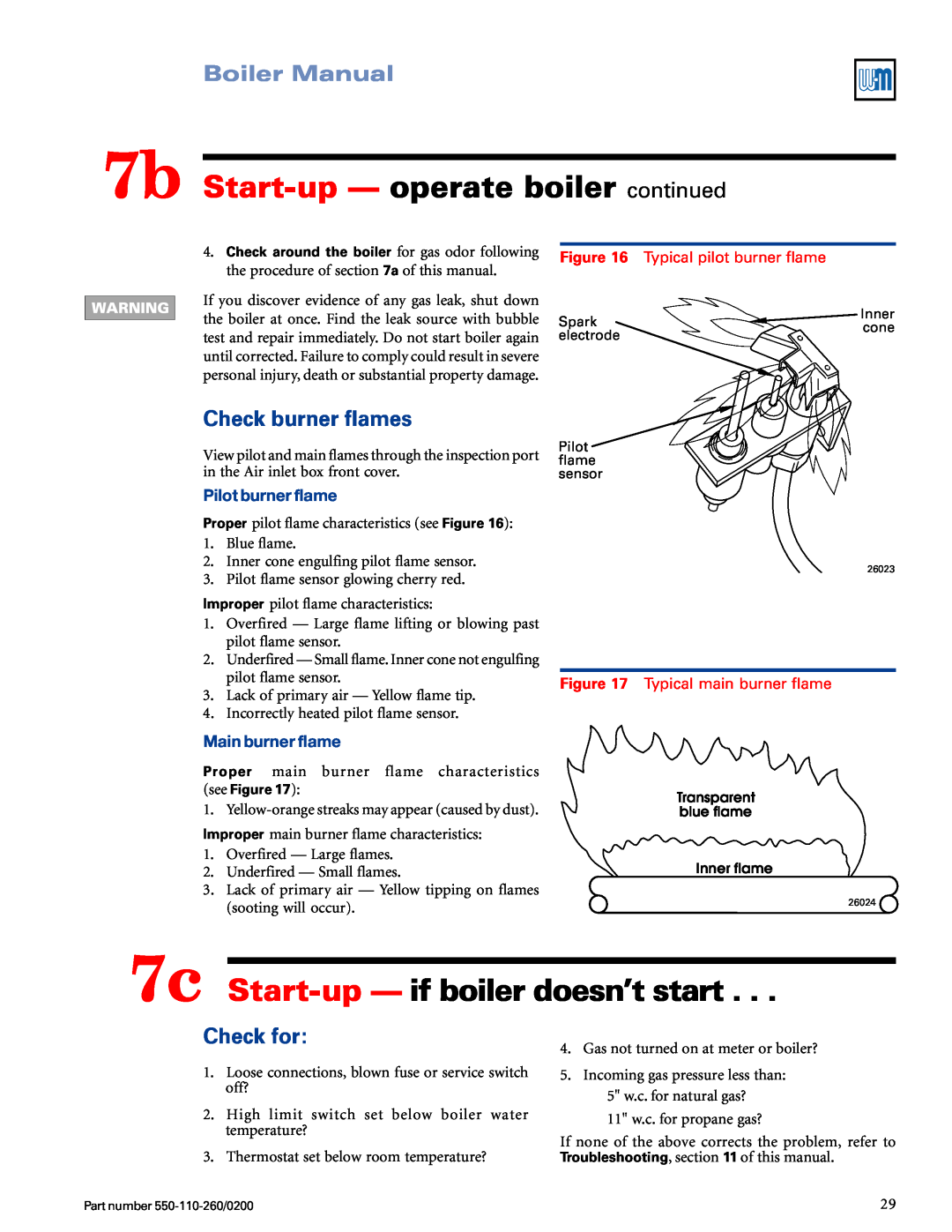 Weil-McLain 550-110-260/02002 manual 7b Start-up— operate boiler continued, 7c Start-up— if boiler doesn’t start, Check for 