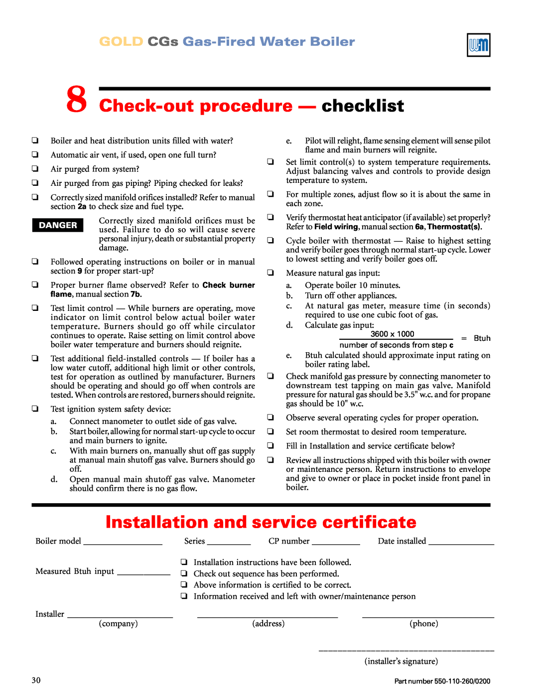 Weil-McLain 550-110-260/02002 manual 8Check-outprocedure — checklist, Installation and service certificate 