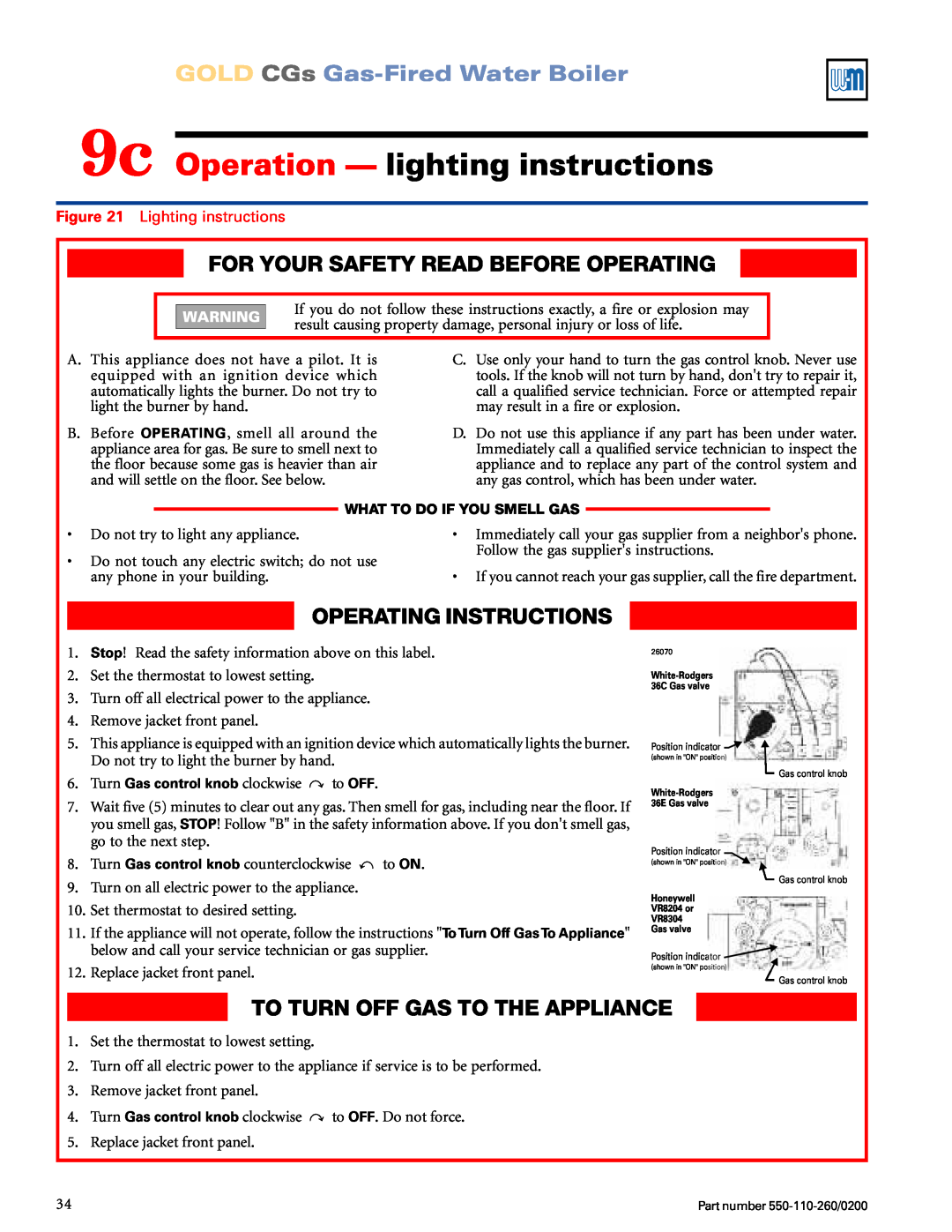 Weil-McLain 550-110-260/02002 manual 9c Operation - lighting instructions, For Your Safety Read Before Operating 