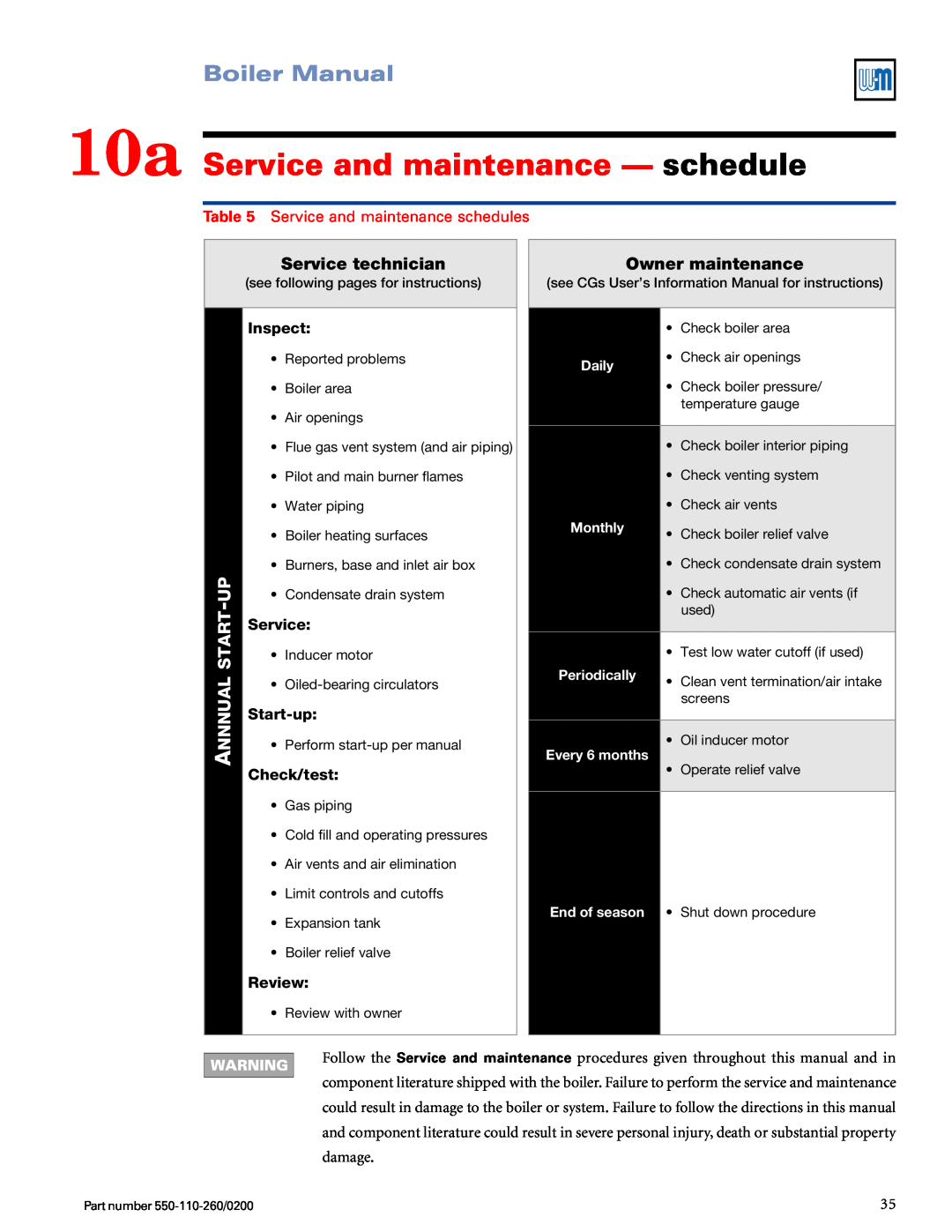 Weil-McLain 550-110-260/02002 10a Service and maintenance — schedule, Boiler Manual, Service technician, Owner maintenance 