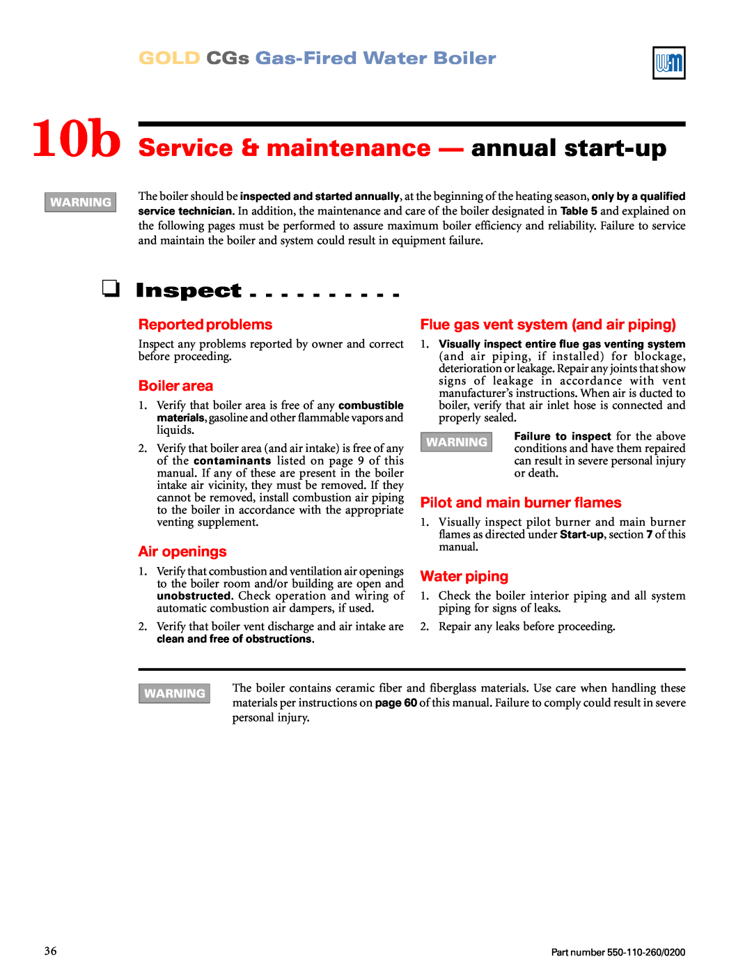 Weil-McLain 550-110-260/02002 manual 10b Service & maintenance — annual start-up, Inspect, GOLD CGs Gas-FiredWater Boiler 