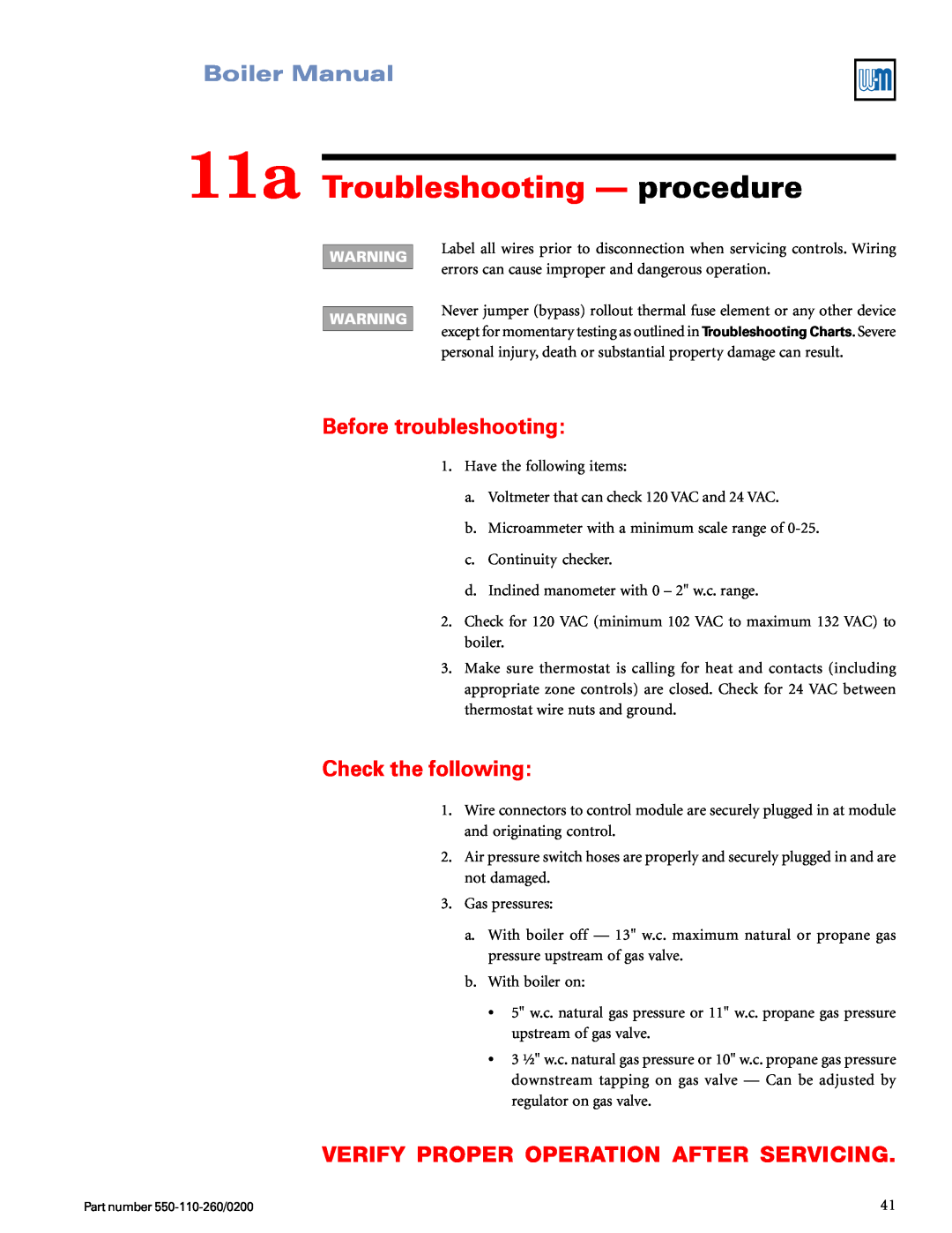 Weil-McLain 550-110-260/02002 11a Troubleshooting — procedure, Before troubleshooting, Check the following, Boiler Manual 