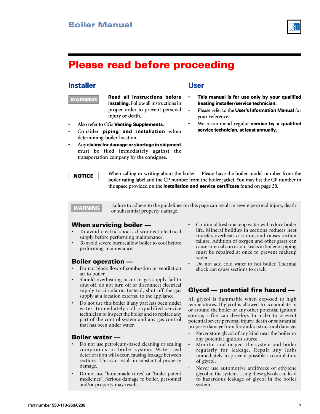 Weil-McLain 550-110-260/02002 manual Please read before proceeding, Boiler Manual, Installer, User 