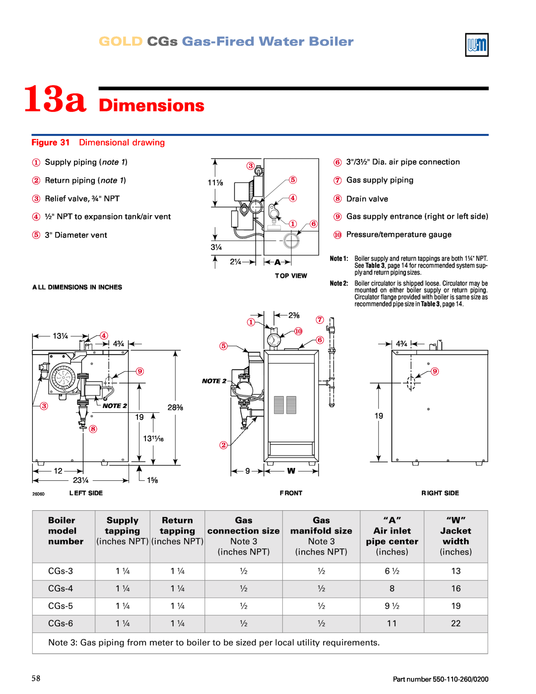 Weil-McLain 550-110-260/02002 manual 13a Dimensions, GOLD CGs Gas-FiredWater Boiler, Dimensional drawing 