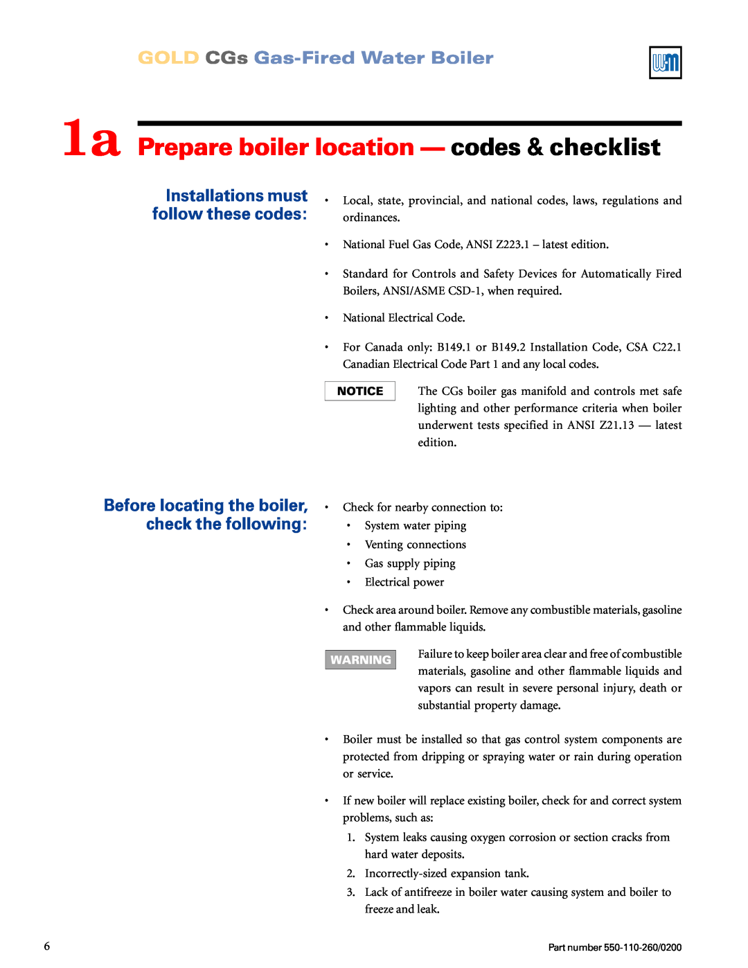 Weil-McLain 550-110-260/02002 manual 1a Prepare boiler location — codes & checklist, GOLD CGs Gas-FiredWater Boiler 