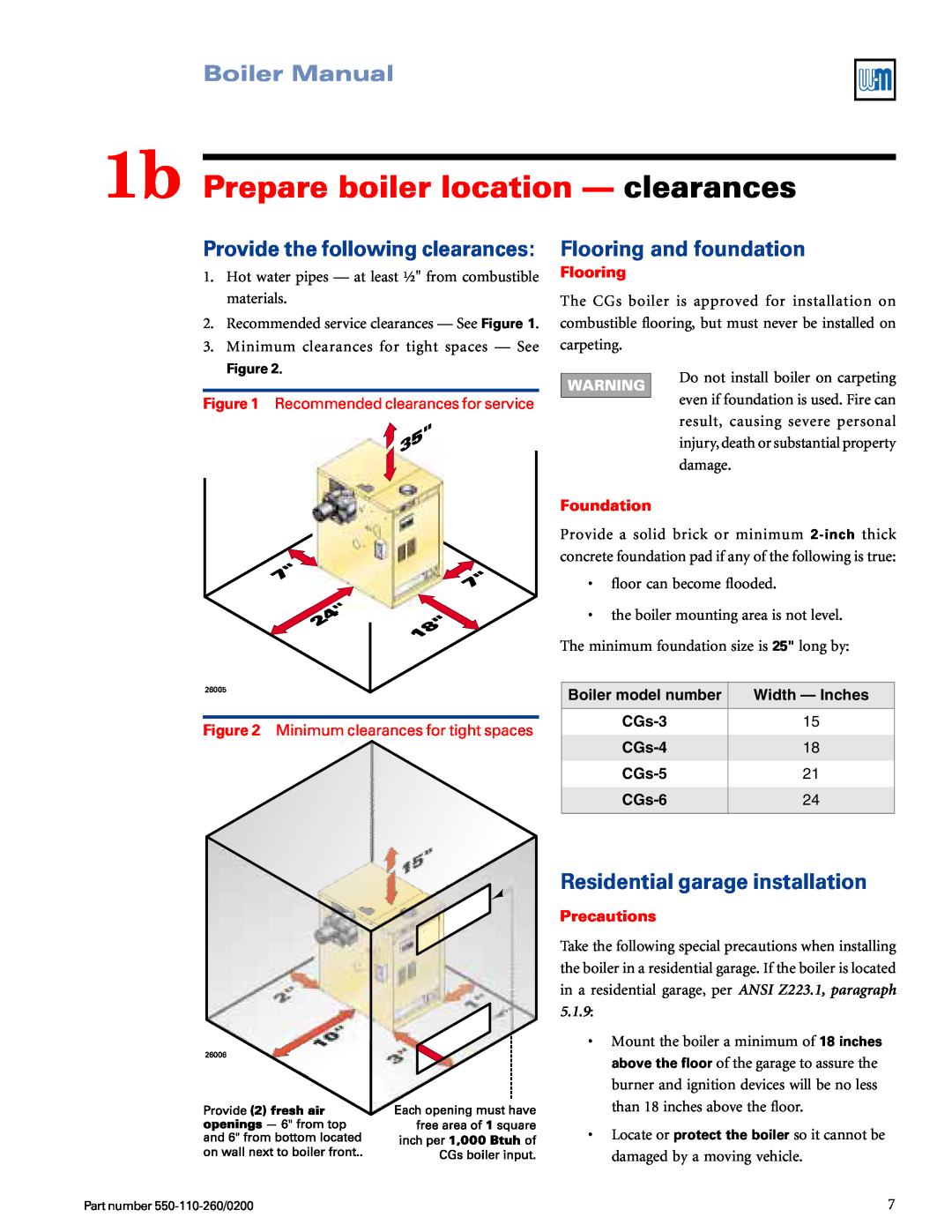 Weil-McLain 550-110-260/02002 1b Prepare boiler location — clearances, Flooring and foundation, Boiler Manual, Foundation 