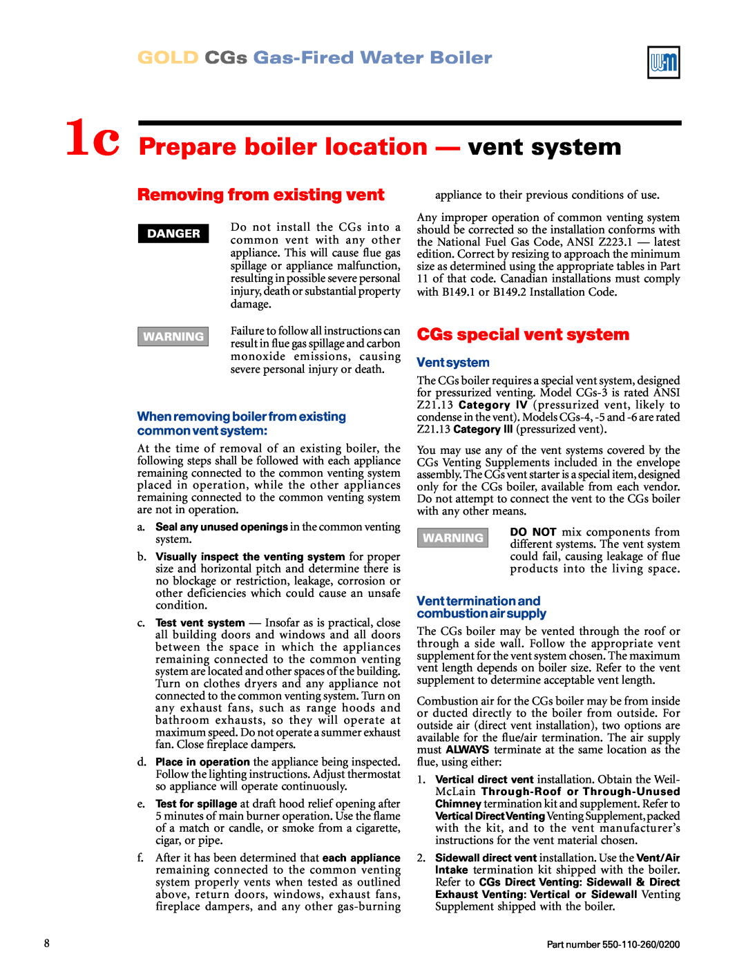 Weil-McLain 550-110-260/02002 manual 1c Prepare boiler location — vent system, Removing from existing vent, Vent system 