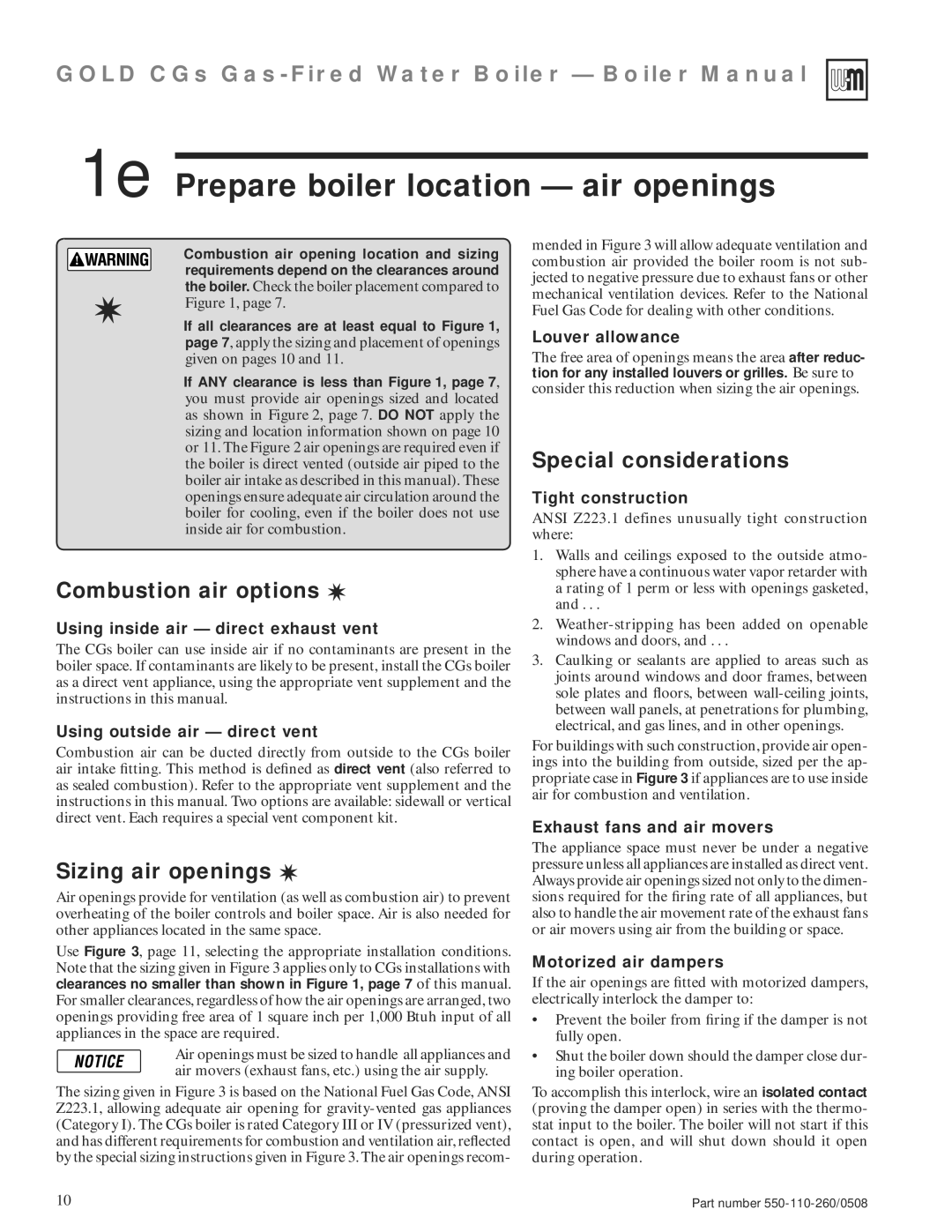 Weil-McLain 550-110-260/0508 manual 1e Prepare boiler location air openings, Combustion air options, Sizing air openings 