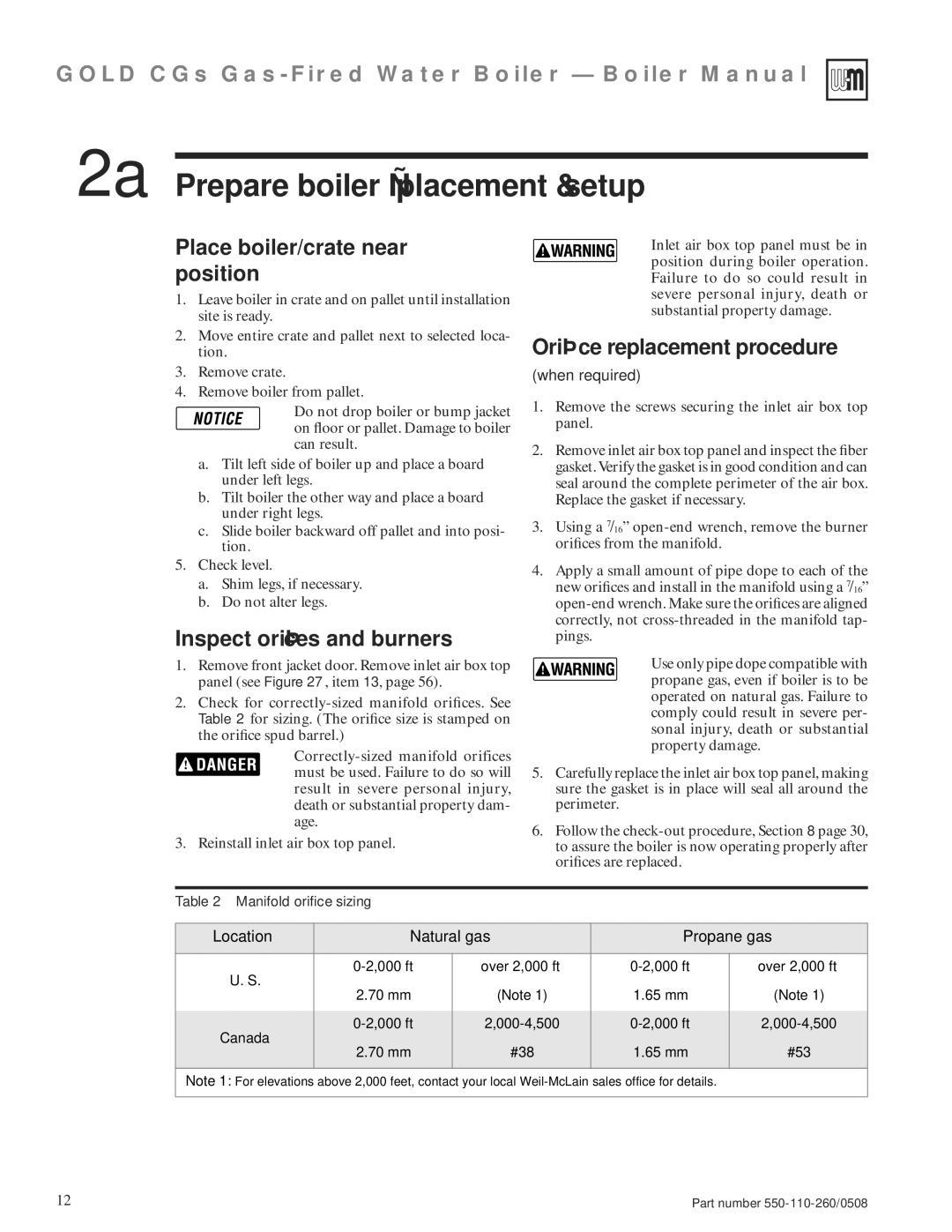 Weil-McLain 550-110-260/0508 manual 2a Prepare boiler placement & setup, Place boiler/crate near position 